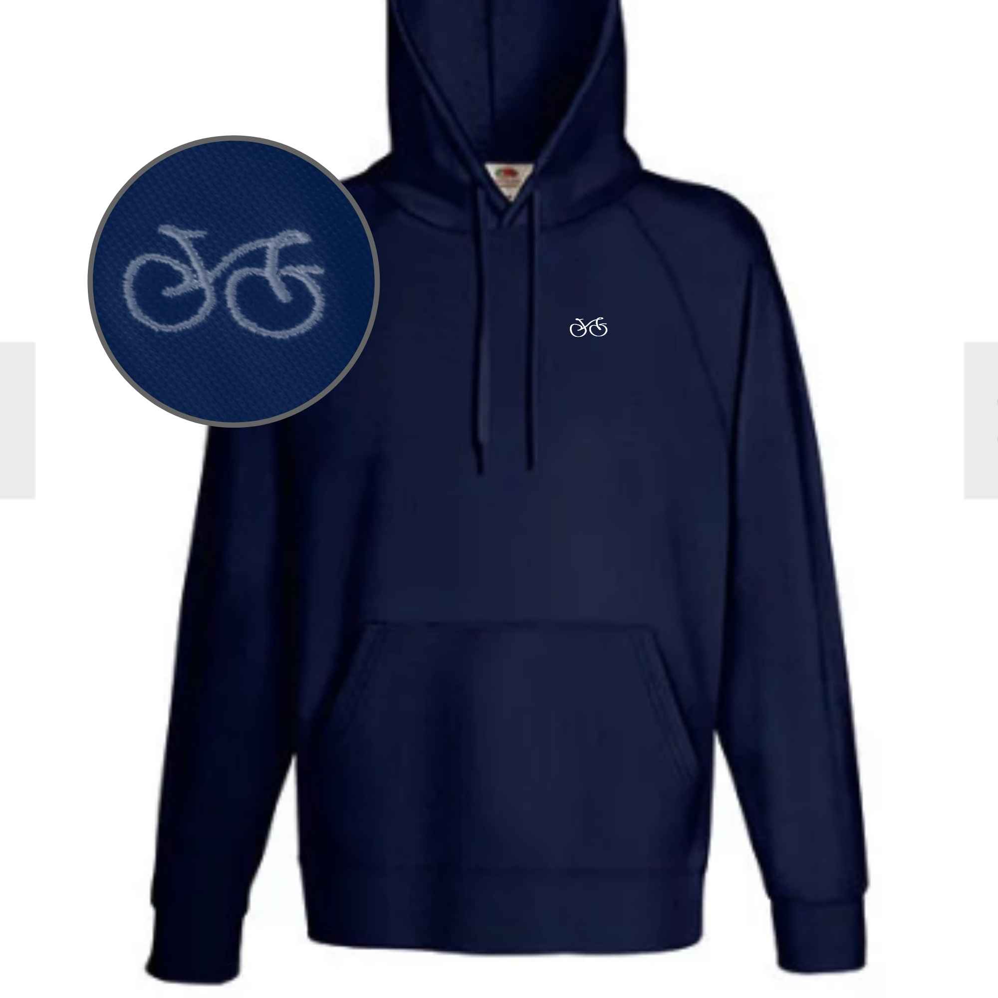 Hoodie mit Fahrrad-Stick als Motiv bestickt in der Farbe Dunkelblau