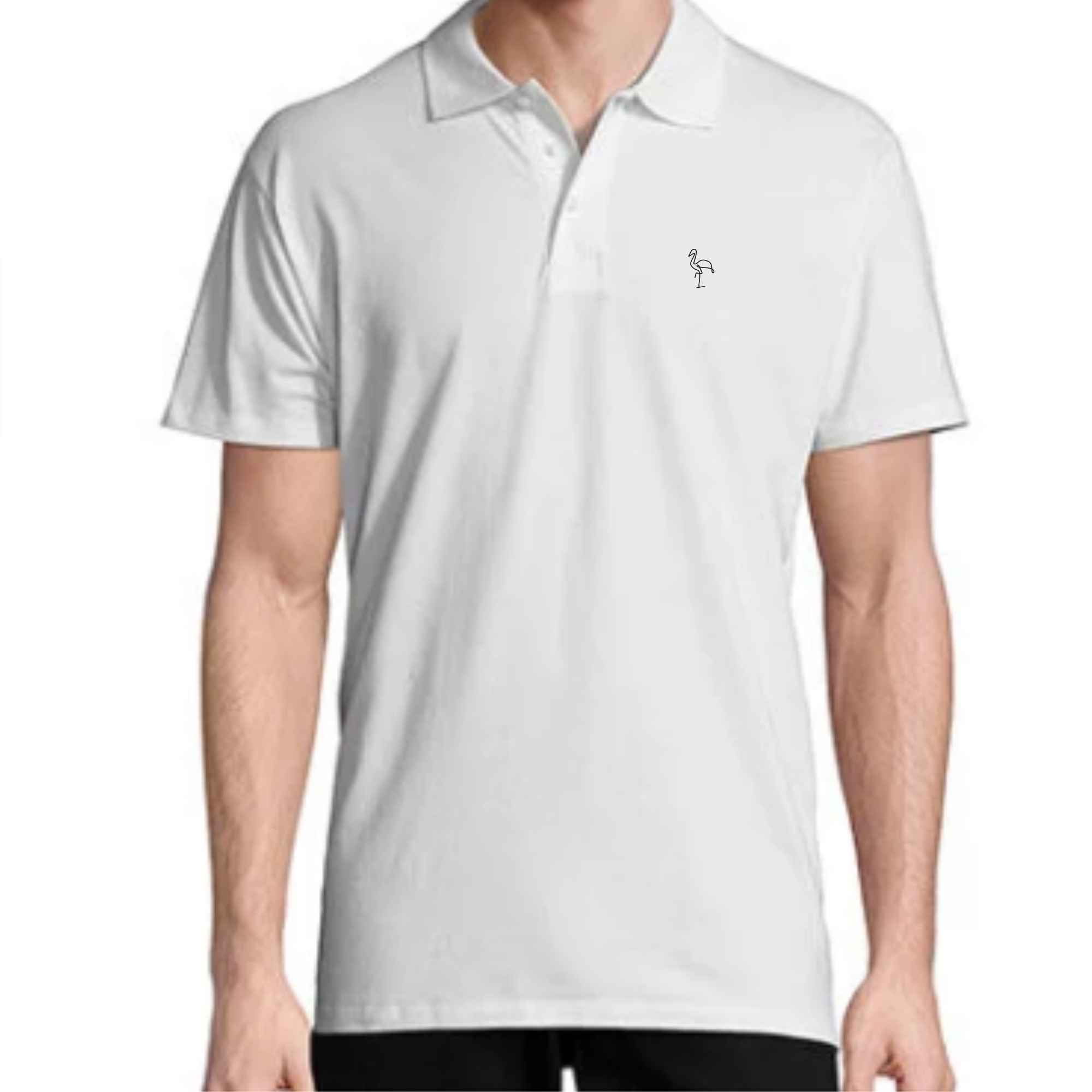 Poloshirt in Weiß mit Flamingo-Stick  und Farbe nach Wahl
