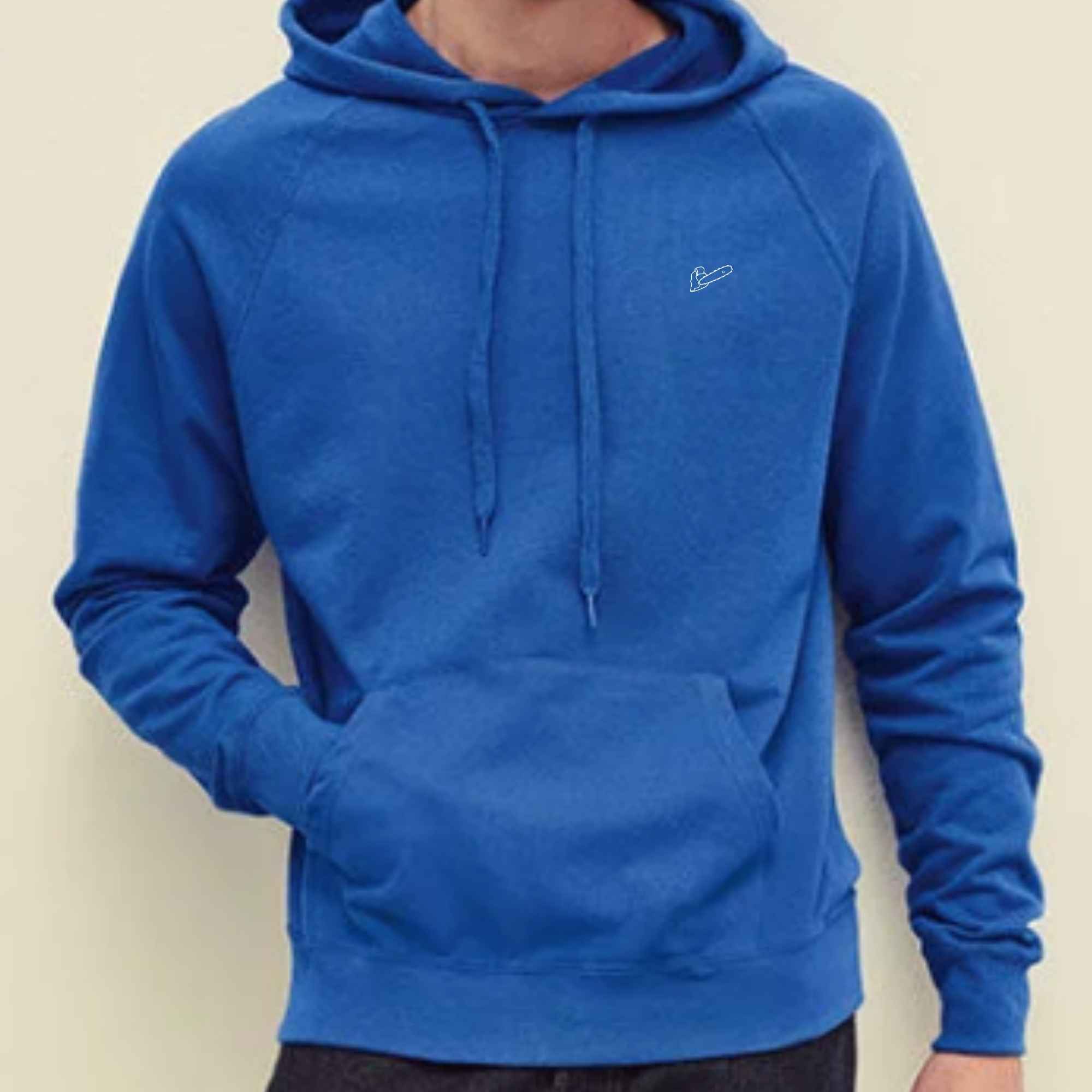 Herren Hoodie mit Motorsägen-Stick als Motiv bestickt in der Farbe Blau