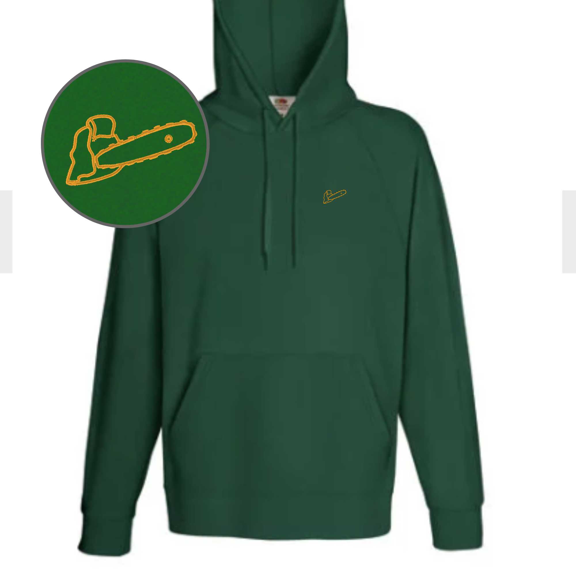 Hoodie mit Motorsäge-Stick als Motiv bestickt in der Farbe Grün