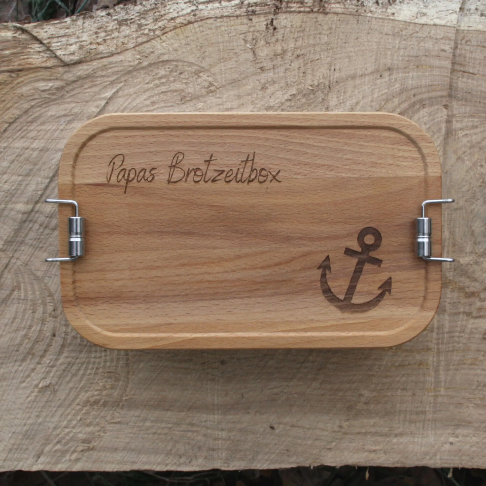 Personalisierte Anker Lunchbox aus Buchenholz und Edelstahl