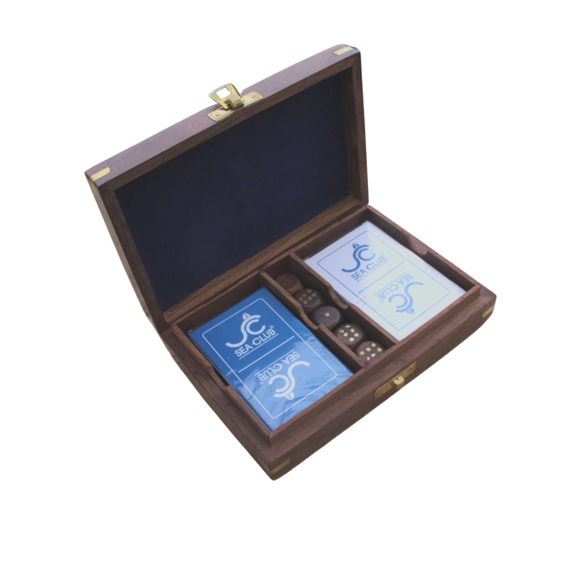 Spielbox aus Holz mit Karten und Würfel