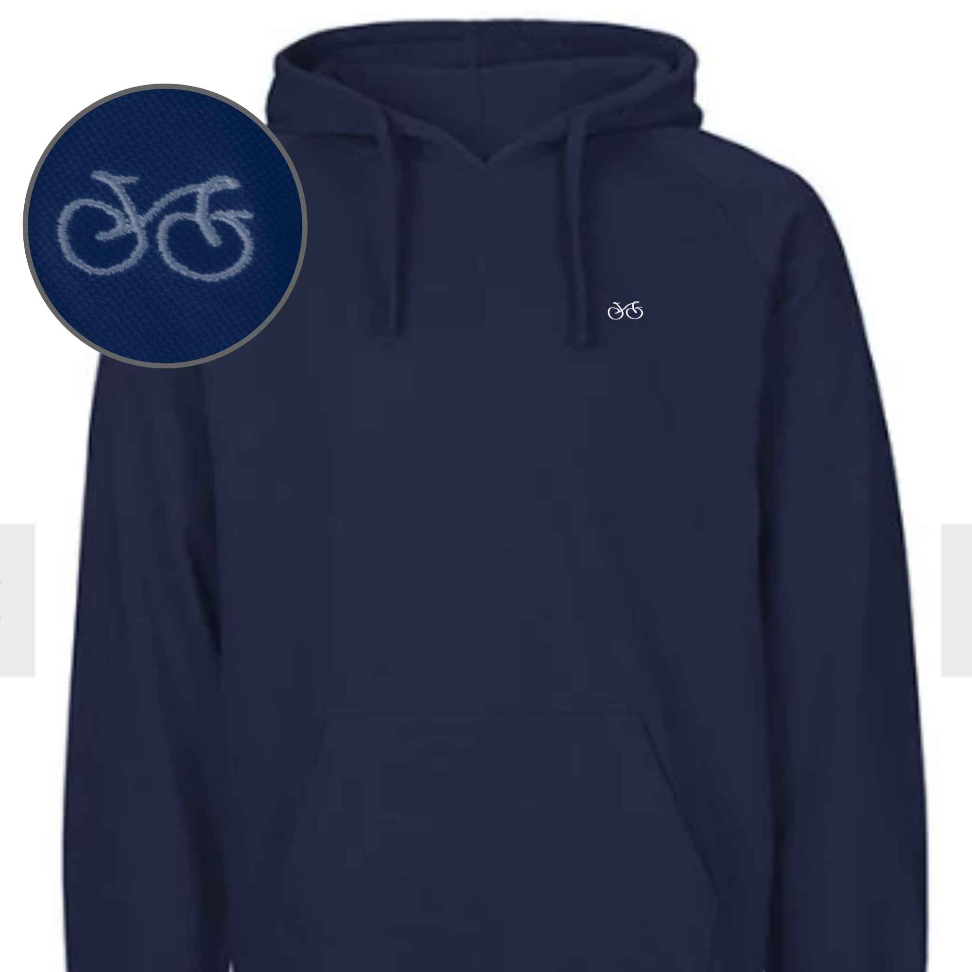 Blauer Kapuzenpullover mit hochwertigem Fahrrad-Motiv bestickt 