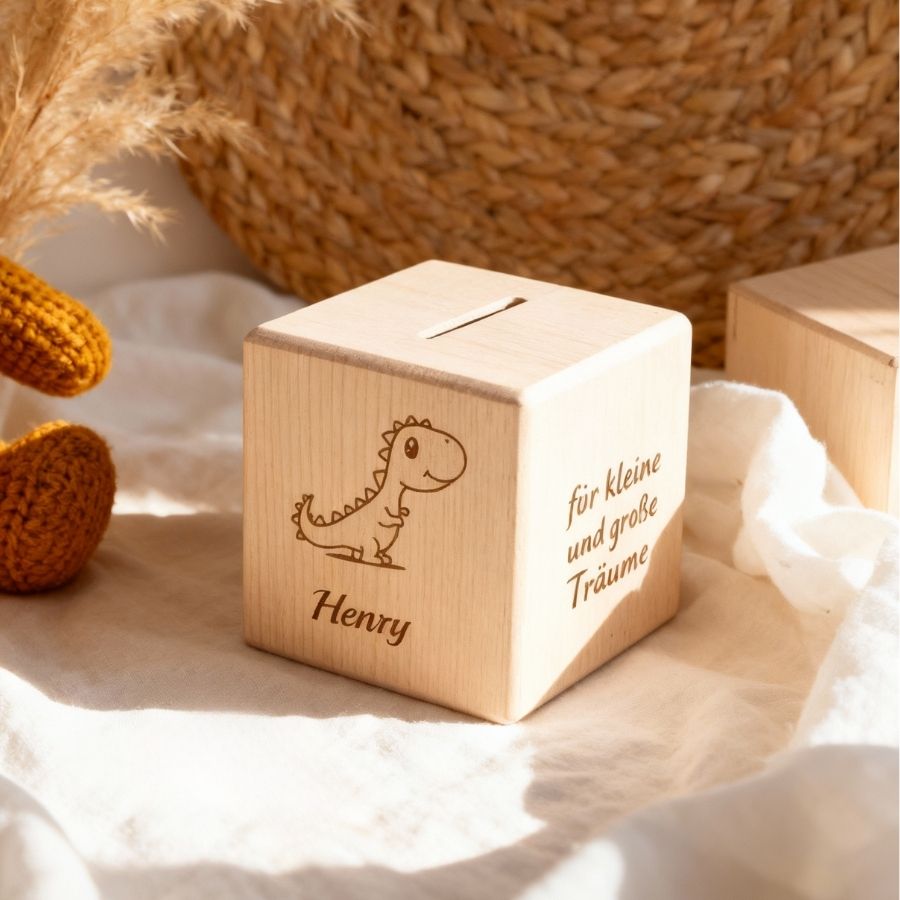 Personalisierte Spardose quadratisch aus Holz Kiste