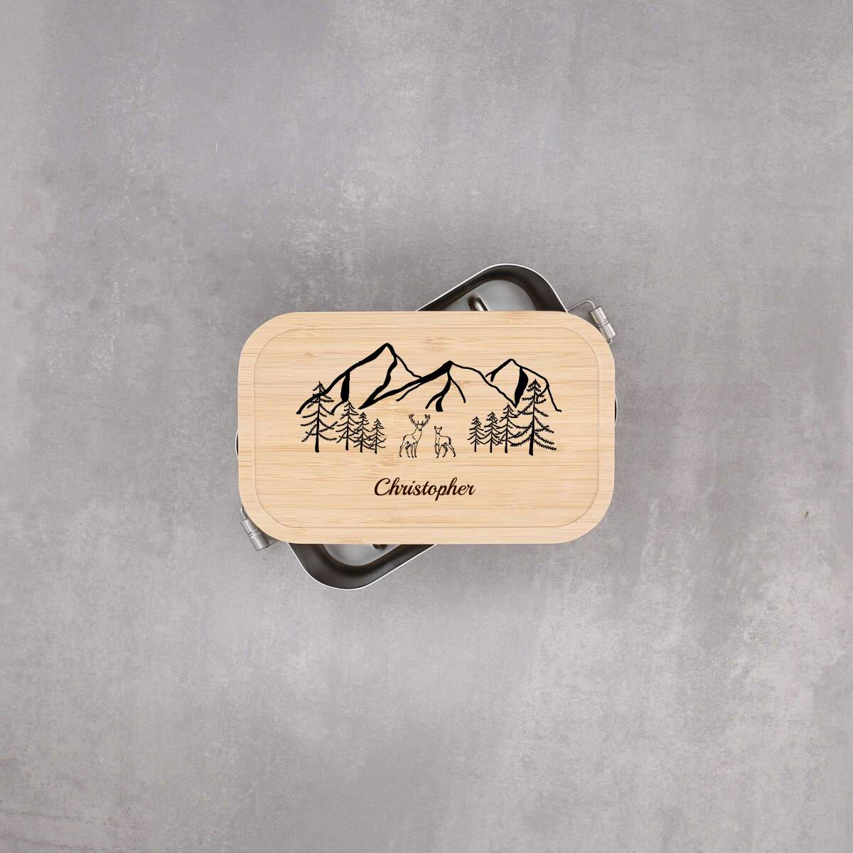 Personalisierte Berglandschaft Lunchbox aus Bambusholz