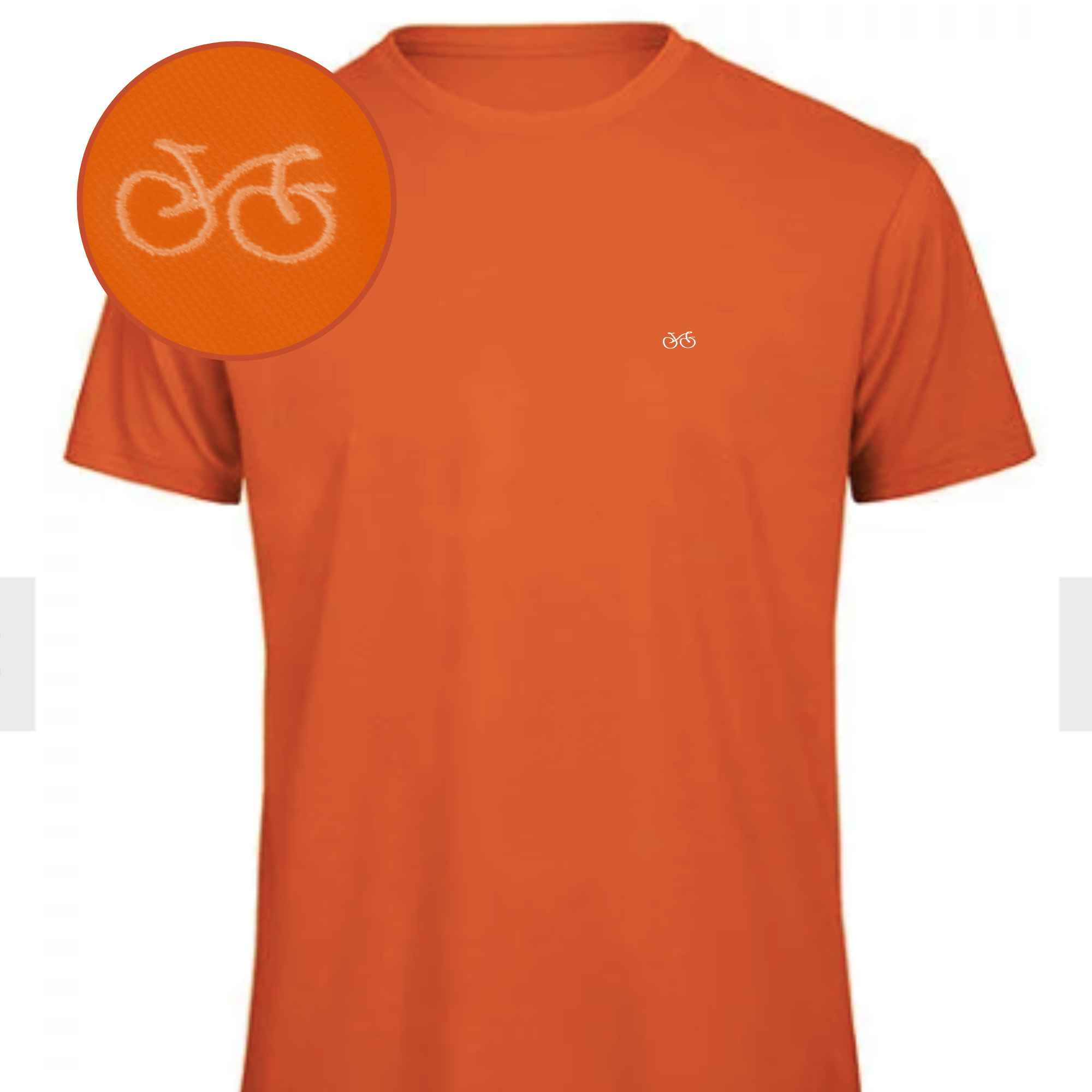 Shirt in einem kräftigen Orange mit Fahrradmotiv in der Farbe deiner Wahl auf der Brust