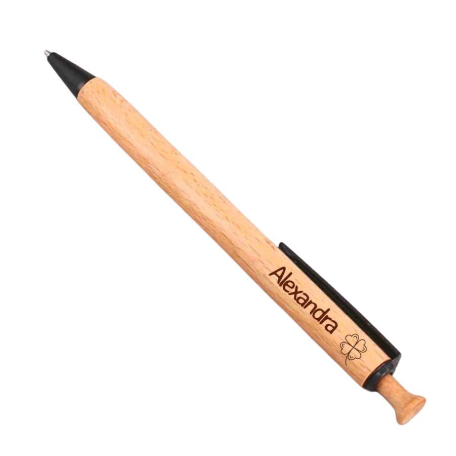 Kugelschreiber aus Holz mit schwarzer Garnitur und Namen oder Logo