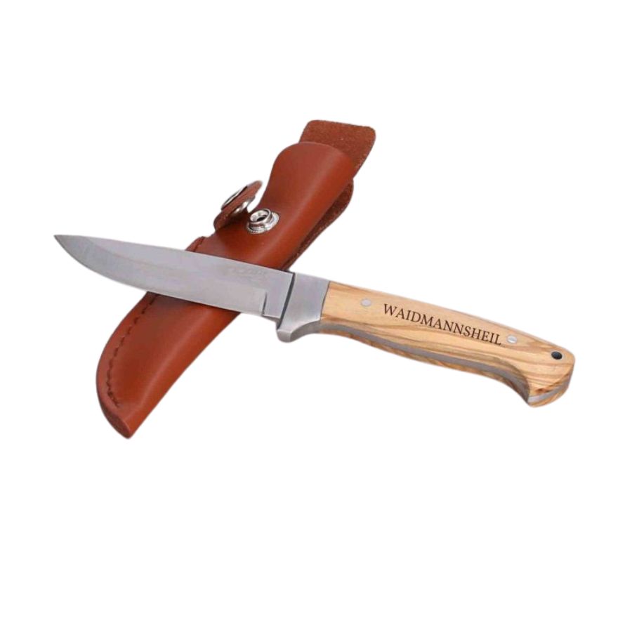 Jagdmesser mit Olivenholzgriff und Gravur Jagdmesser mit Olivenholzgriff und Gravur