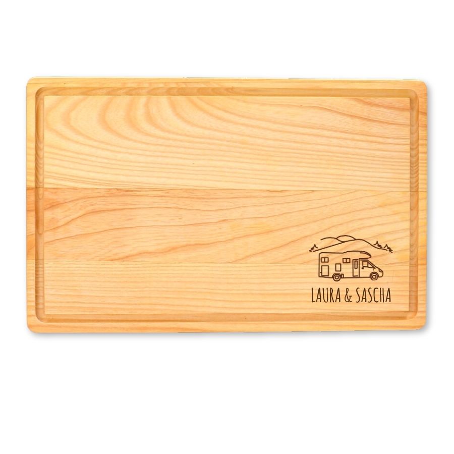 Schneidebrett aus Eschenholz mit Gravur – Wohnwagen & Wunschname 30 x 20 x 2 cm