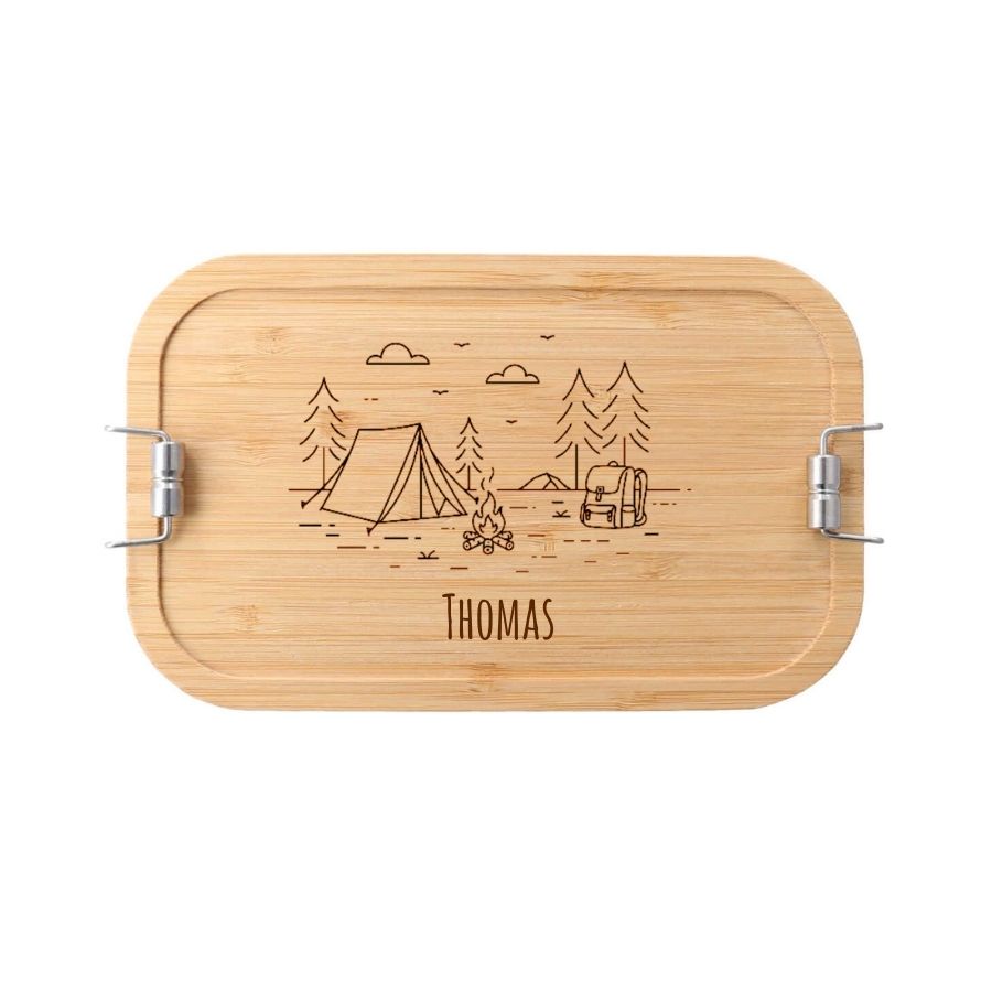 Personalisierte Lunchbox "Camping Abenteuer" mit Zelt- und Lagerfeuergravur – Perfektes Geschenk für Outdoor-Fans 