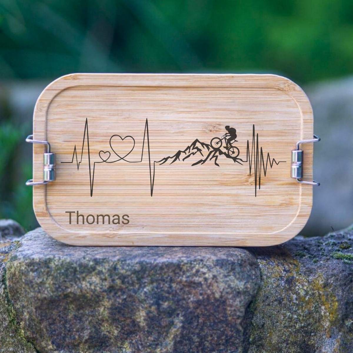 Lunchbox Edelstahl mit Holzdeckel 1100ml - Herzschlag Berg & Fahrrad - Festes Design (Personalisierbar