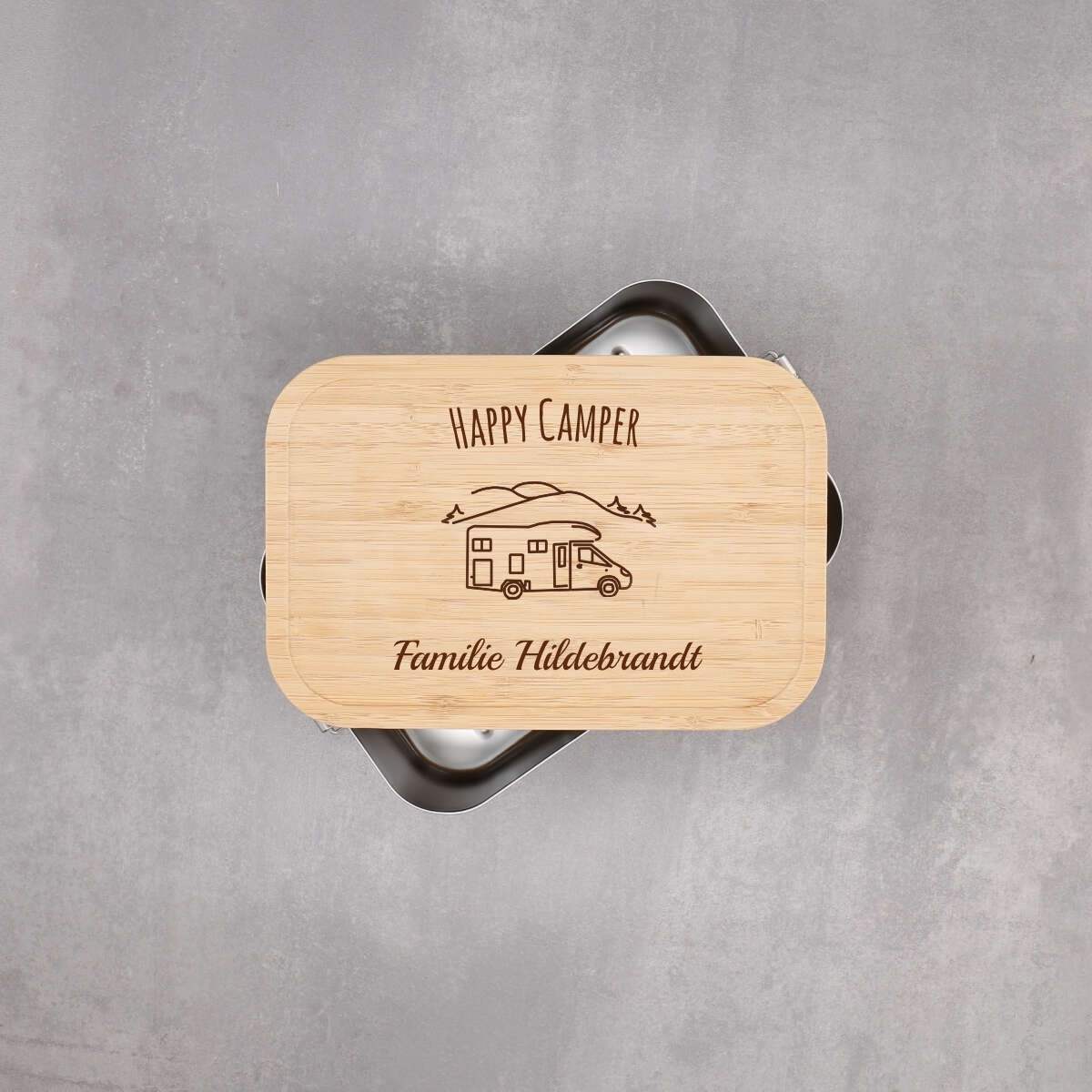 Personalisierte Lunchbox "Wohnmobil" mit Camper-Motiv, aus Edelstahl mit Bambusdeckel – Festes Design (Personalisierbar)