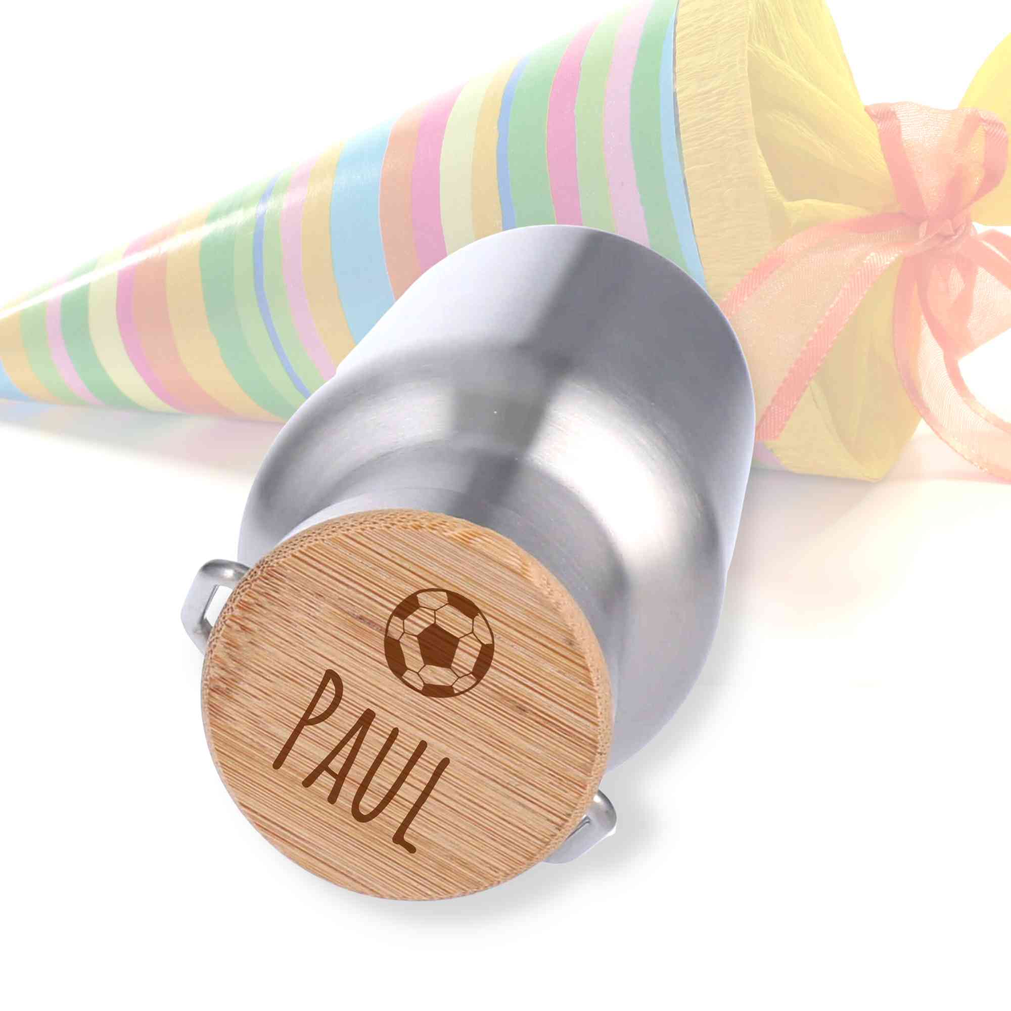 Kinder-Trinkflasche aus Edelstahl und Bambus personalisiert