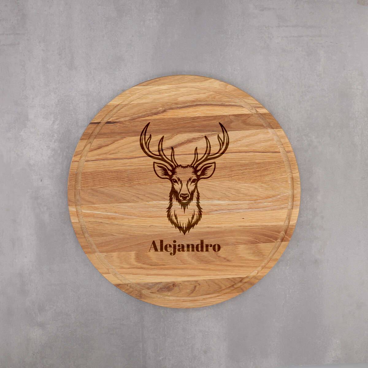 Schneidebrett Eiche rund mit Saftrinne 40cm "Hirsch" - Festes Design (Personalisierbar)