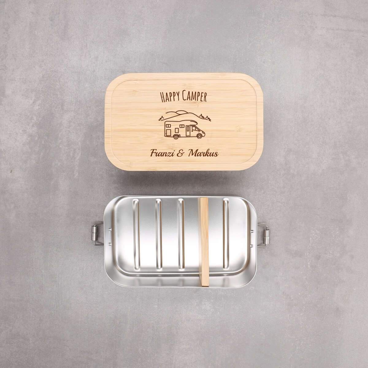 Personalisierte Lunchbox "Wohnmobil" mit Camper-Motiv, aus Edelstahl mit Bambusdeckel – Festes Design (Personalisierbar)
