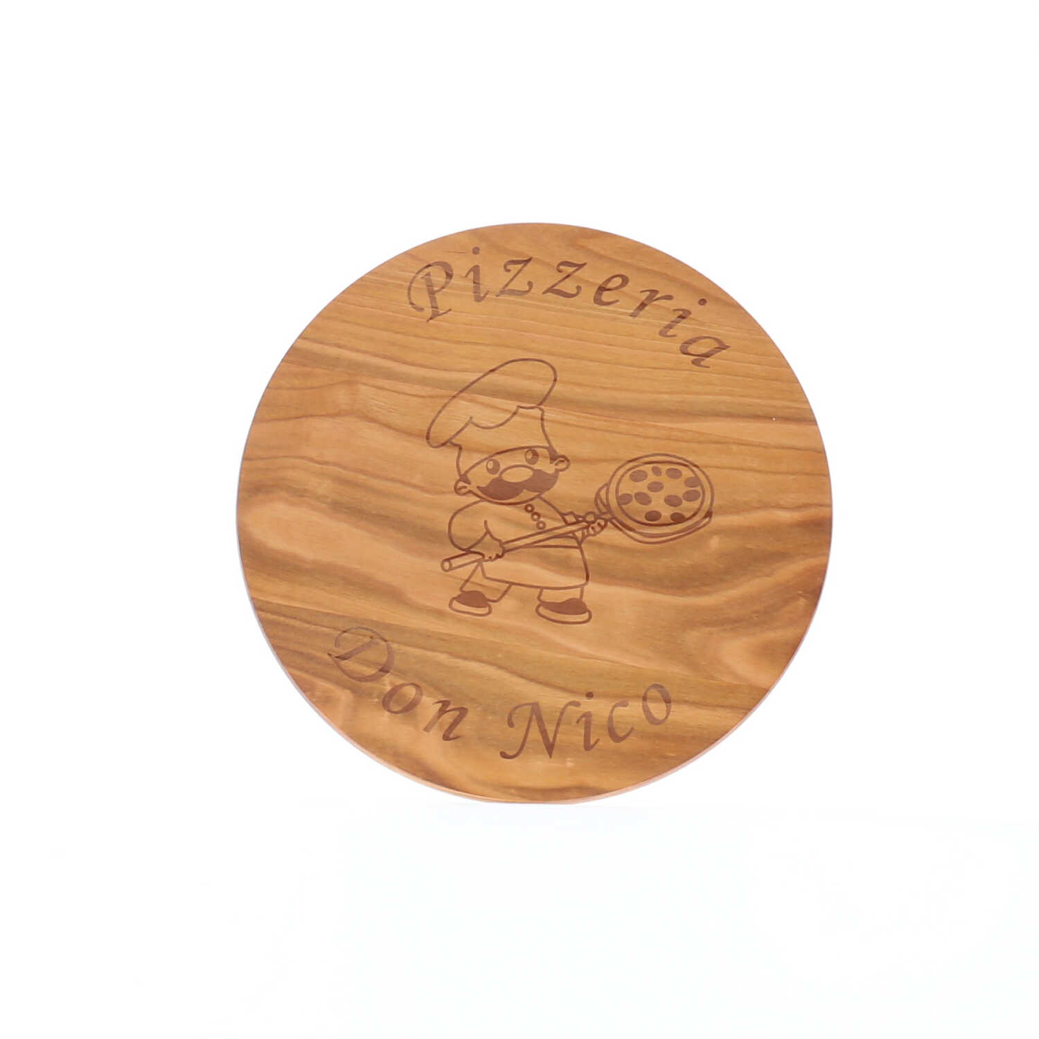 Rundes Pizzaschneidebrett aus Kirschholz mit Motiv und Textgravur
