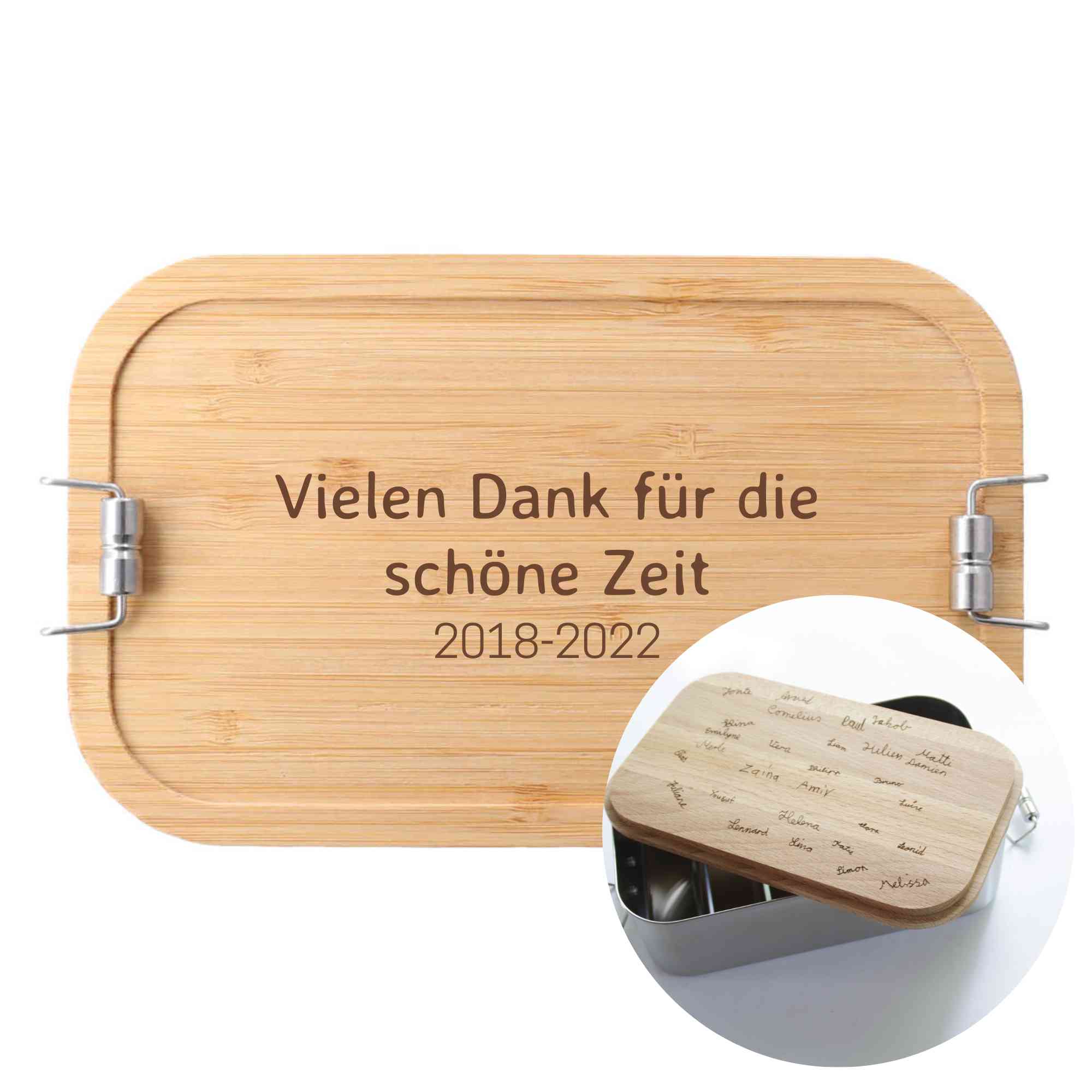 Abschiedsgeschenk Brotdose mit Unterschriften und Dankeschön Spruch auf Holzdeckel graviert, für Lehrer, Kindergärtner oder Mitarbeiter