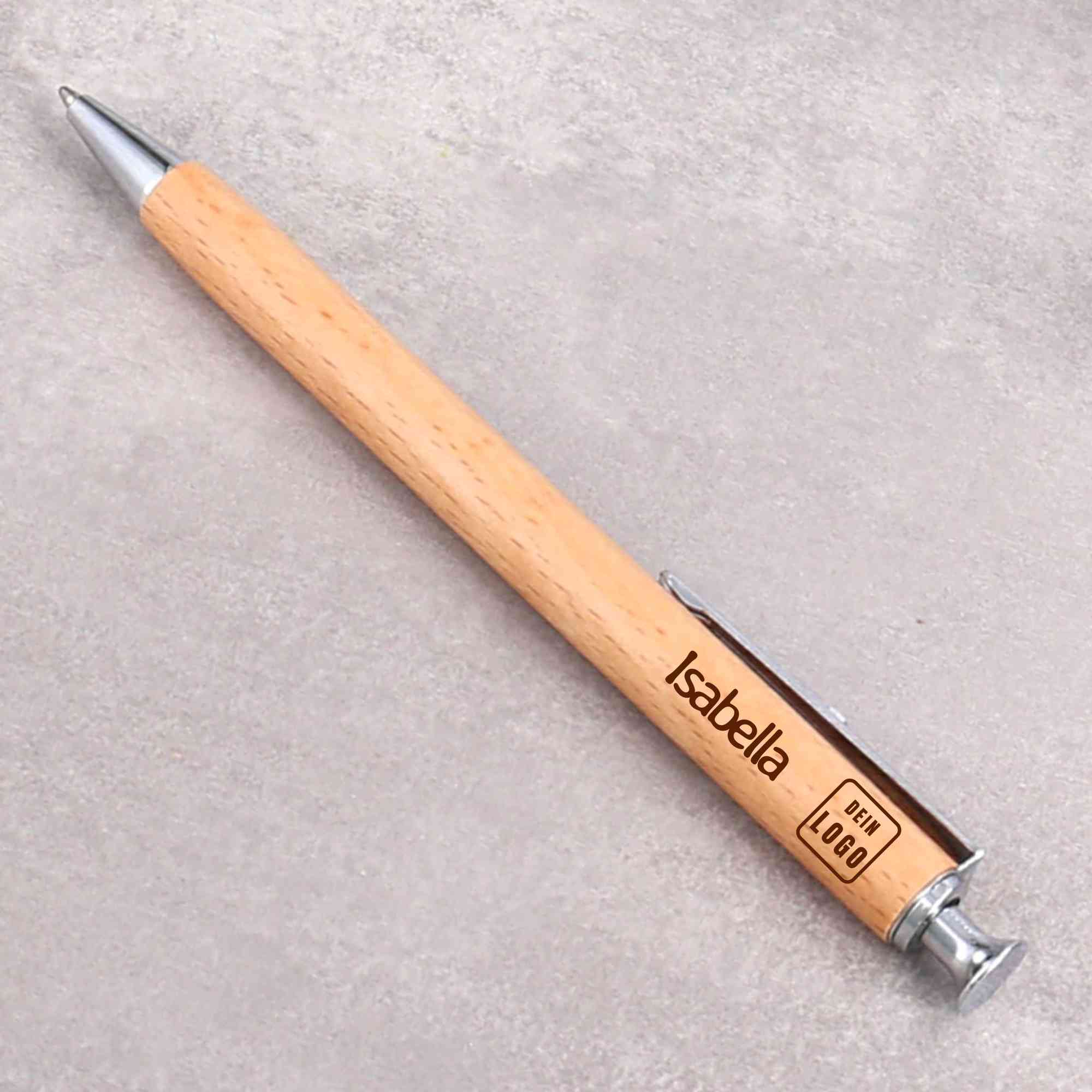 Firmengeschenk, Kundengeschenk, Werbegeschenk oder Mitarbeitergeschenk  als Kugelschreiber mit Namen und eigenem Logo nach Wunsch in das Holz des Kugelschreibers graviert