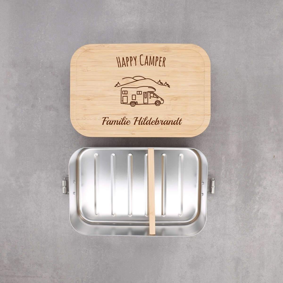 Personalisierte Lunchbox "Wohnmobil" mit Camper-Motiv, aus Edelstahl mit Bambusdeckel – Festes Design (Personalisierbar)