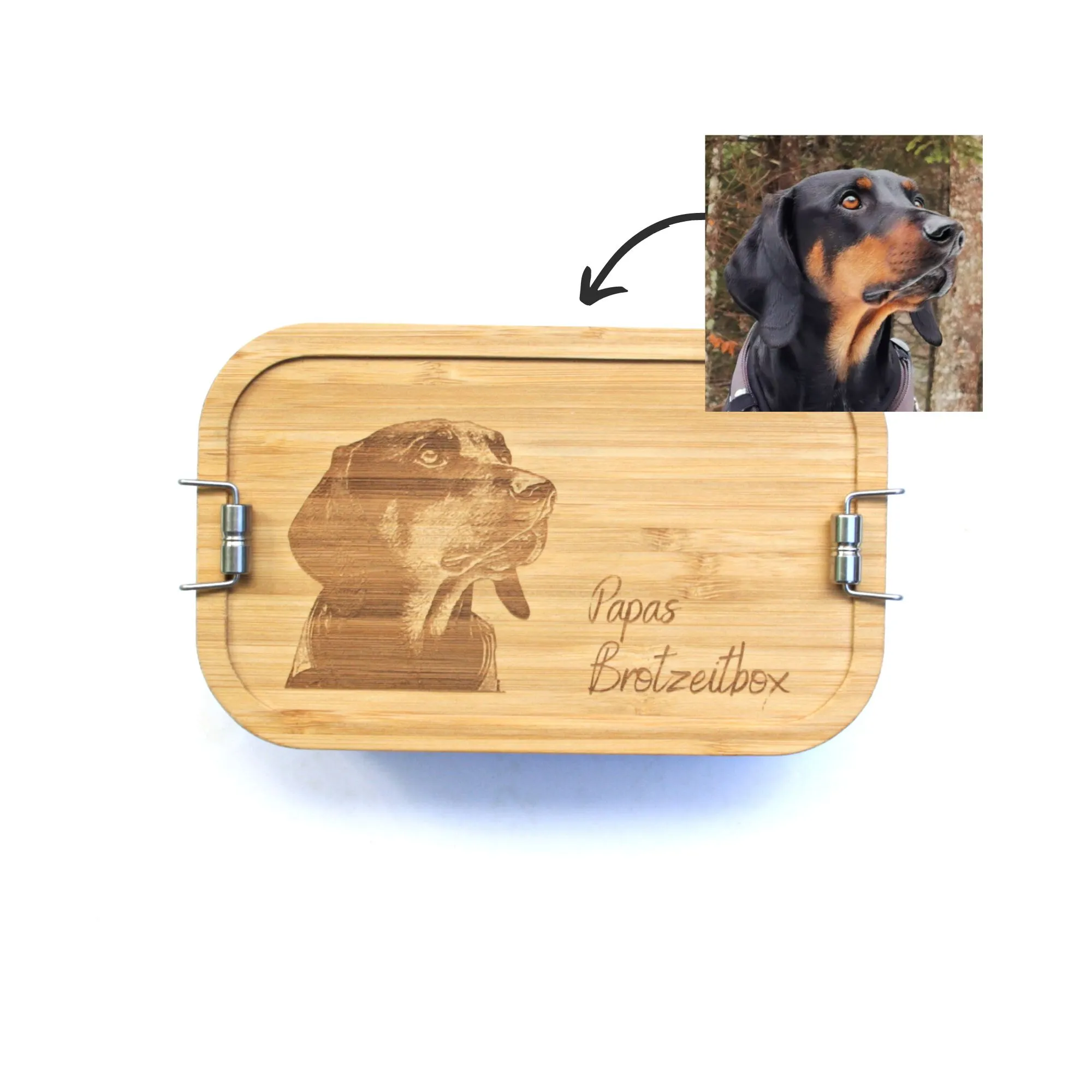 Foto Lunchbox aus Edelstahl Holz, individuell graviert
