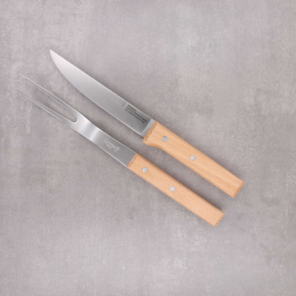 Opinel Tranchierbesteck Parallele No120 + No 124 Fleischmesser und Fleischgabel mit Gravur