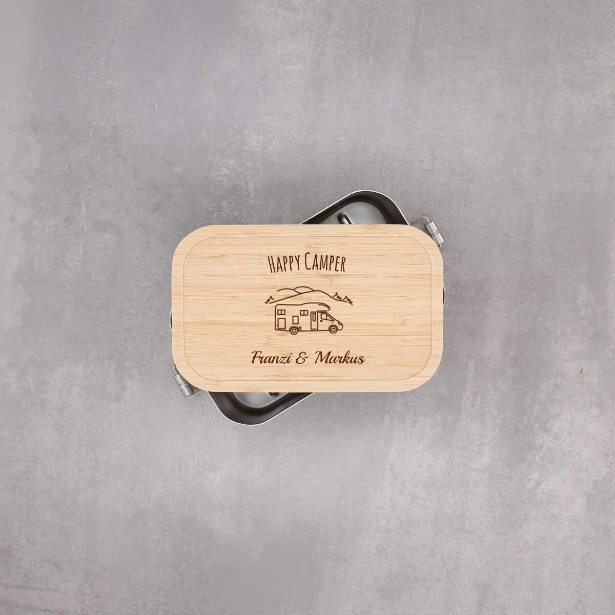 Personalisierte Lunchbox "Wohnmobil" mit Camper-Motiv, aus Edelstahl mit Bambusdeckel – Festes Design (Personalisierbar)