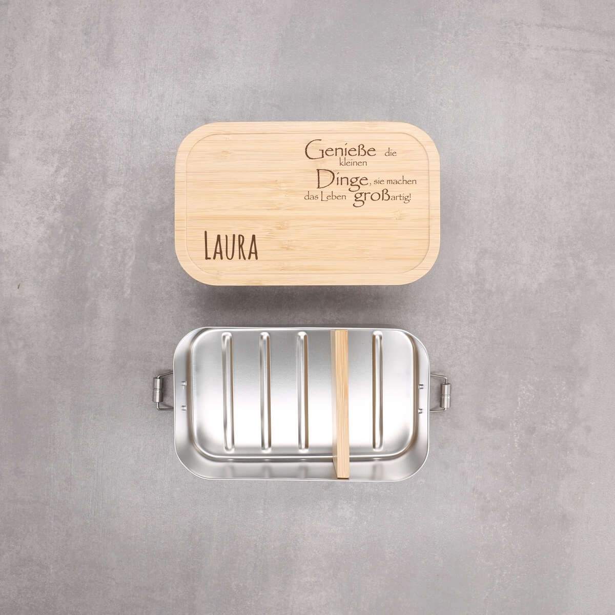 Lunchbox Edelstahl mit Holzdeckel mit Spruch und Namen