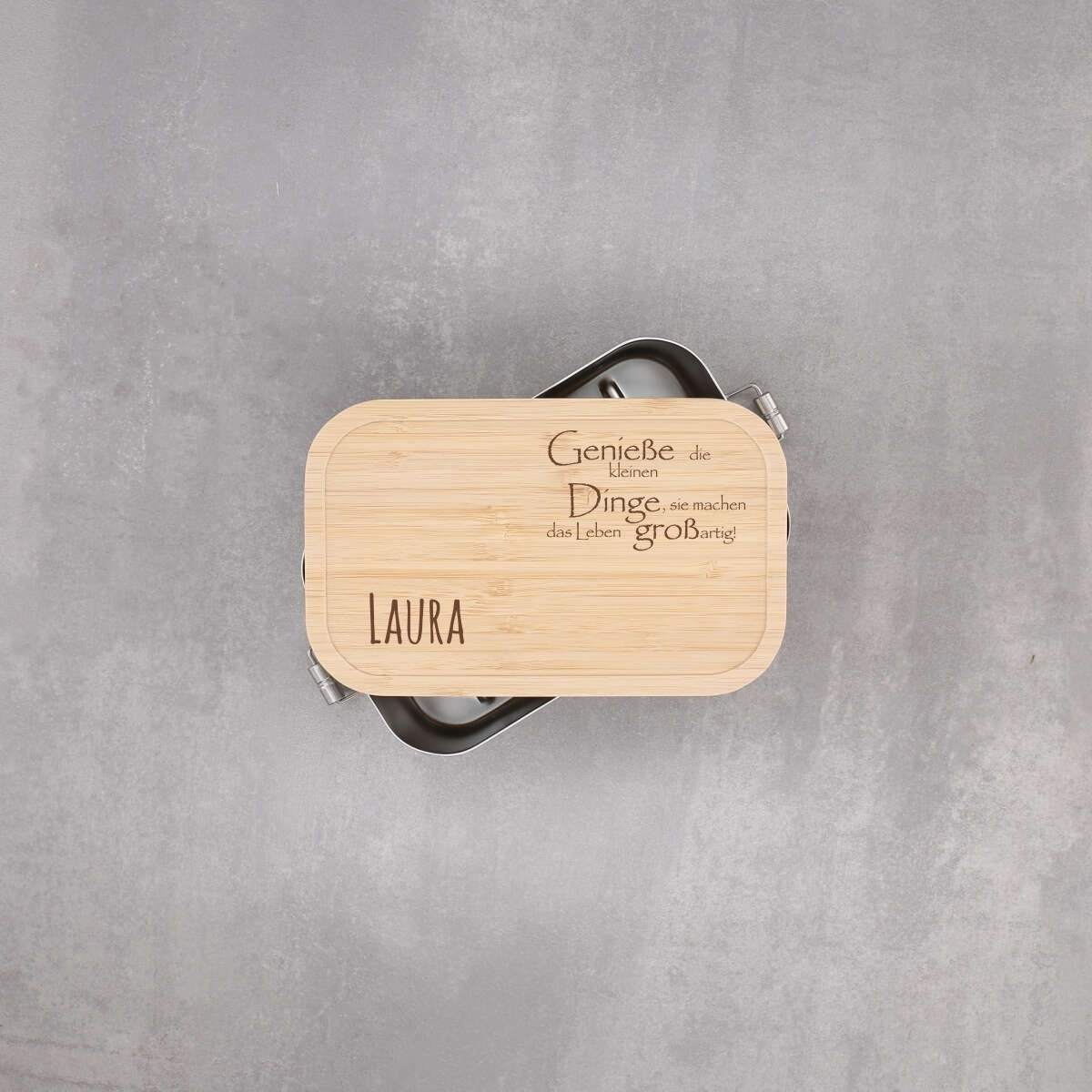 Lunchbox Edelstahl mit Holzdeckel mit Spruch und Namen