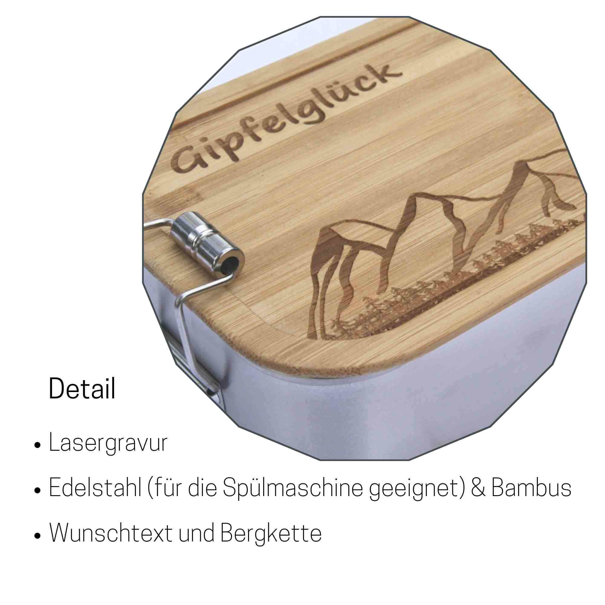 Brotdose aus Edelstahl mit Gravur auf Holzdeckel mit Bergmotiv und Gipfelglück Spruch personalisiert