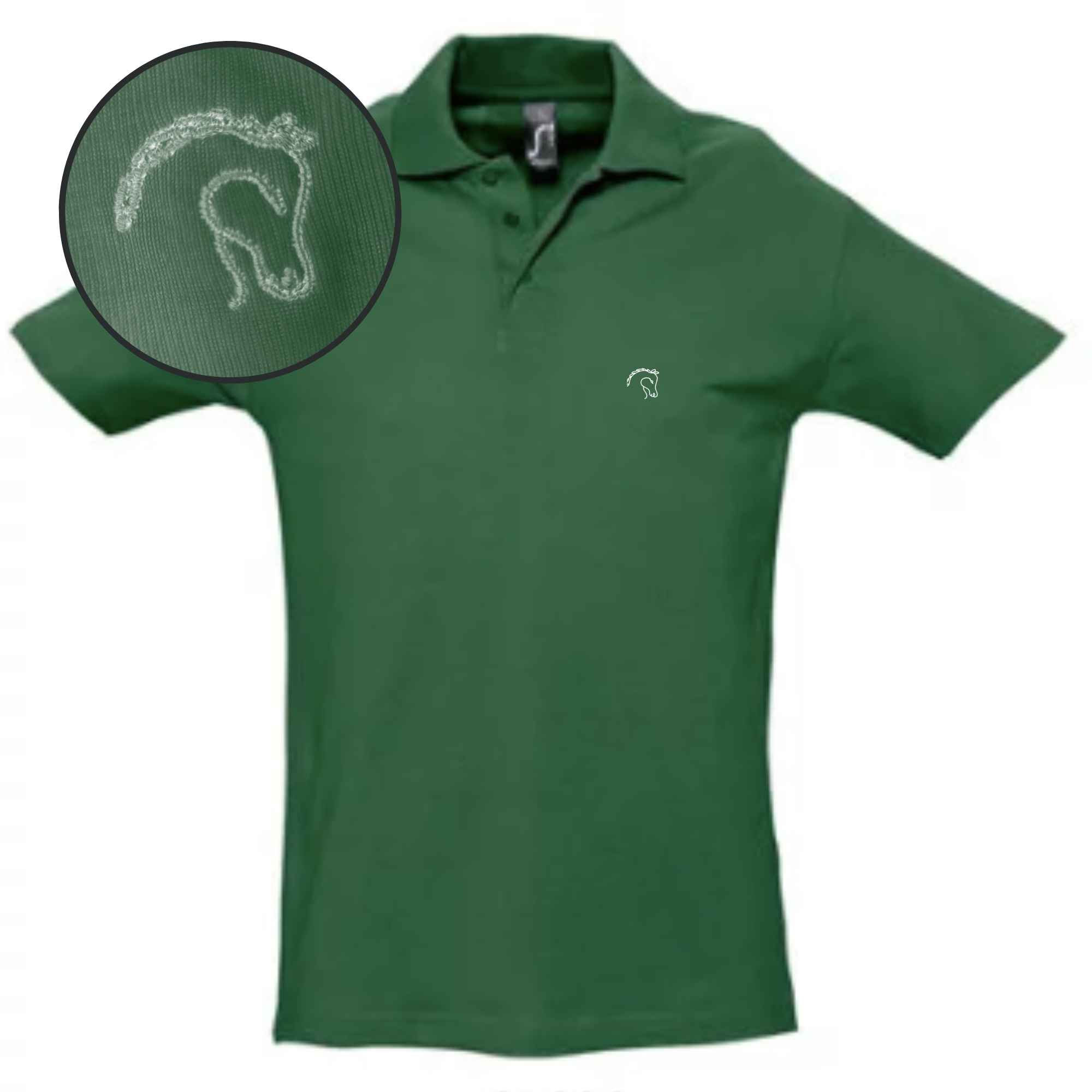 Grünes Poloshirt mit Pferdekopf-Stick auf die Brust gestickt