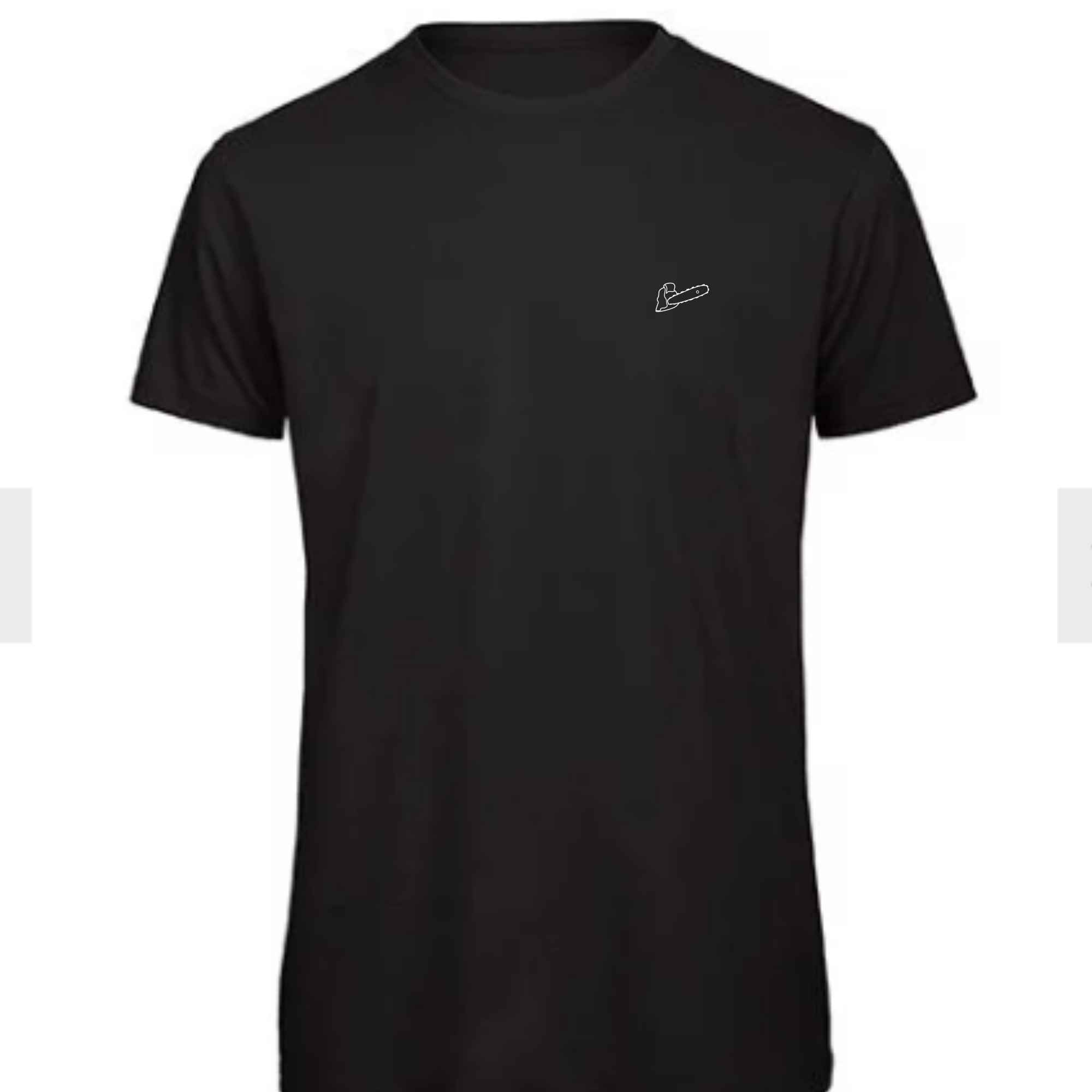 Schwarzes T-Shirt für Männer mit Kettensäge als Motiv auf die Brust gestickt