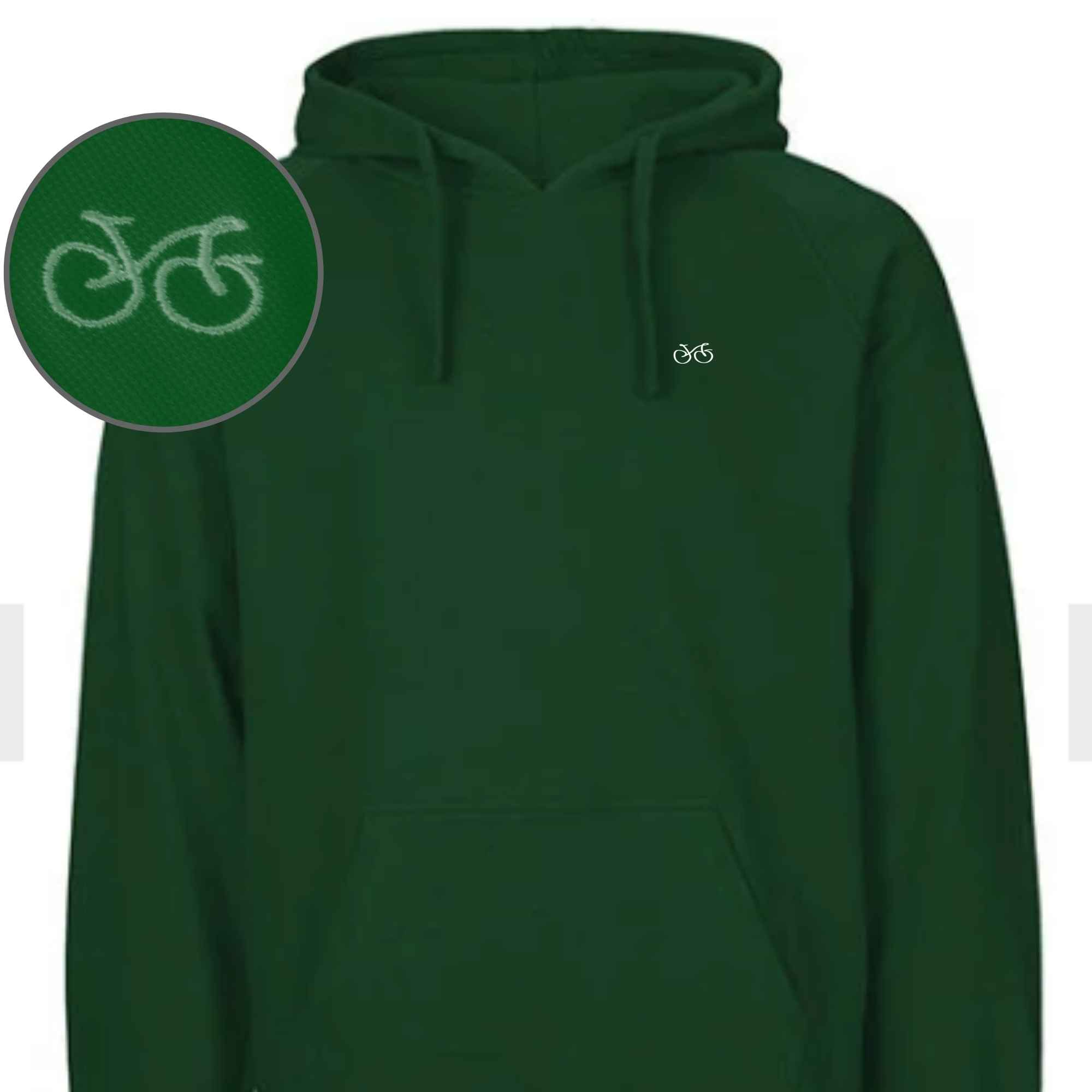 Hochwertiger Pulli grün mit Kapuze und Fahrrad als Stick auf der Brust in der Farbe Grün