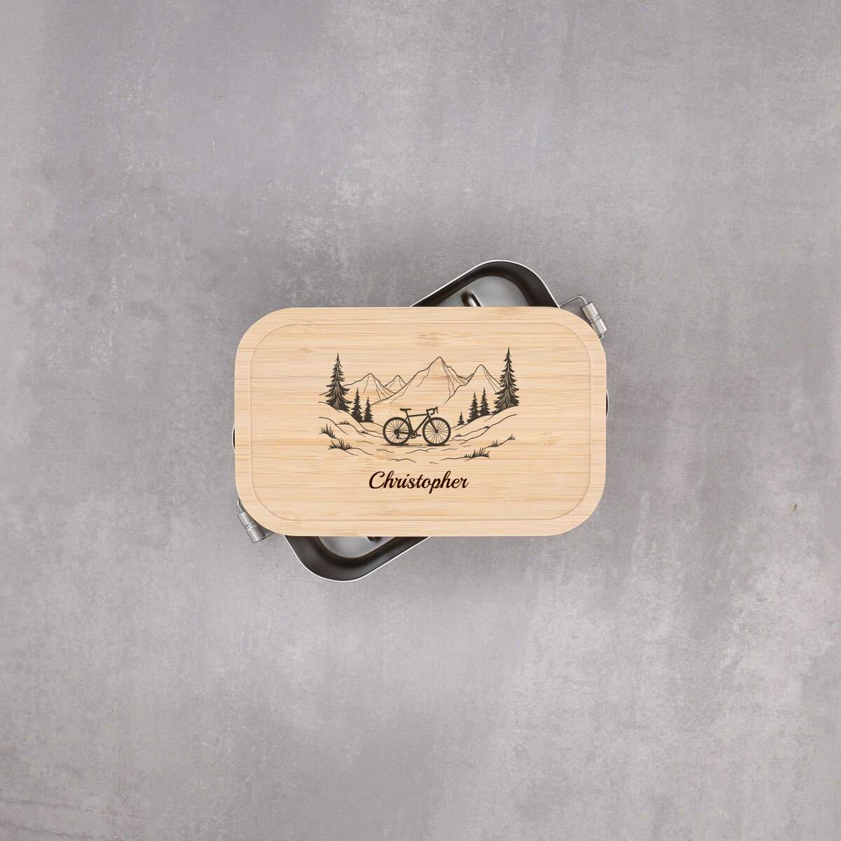 Personalisierte Lunchbox "Fahrrad & Berge" aus Edelstahl mit Bambusdeckel – Praktisches und nachhaltiges Geschenk für Radfahrer