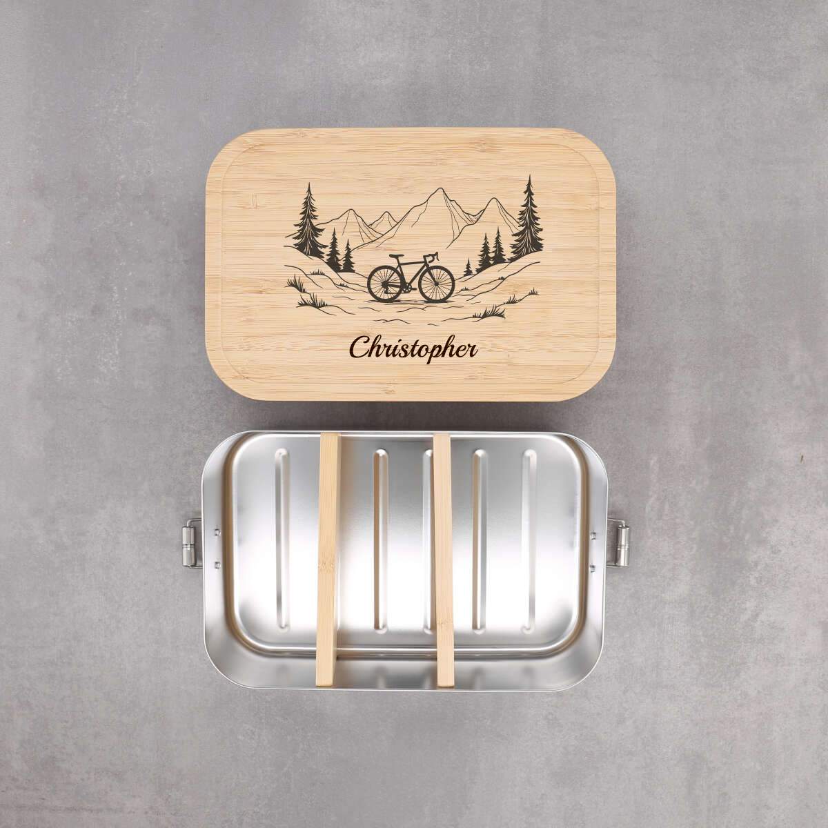 Personalisierte Lunchbox "Fahrrad & Berge" aus Edelstahl mit Bambusdeckel – Praktisches und nachhaltiges Geschenk für Radfahrer