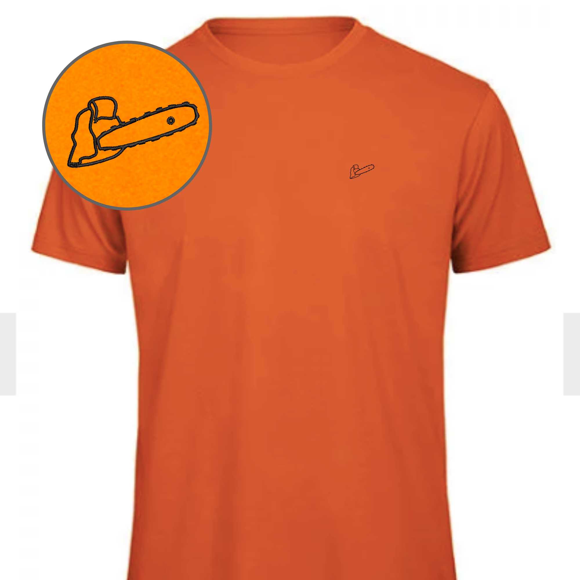 Motorsägen T-Shirt Herren  in kräftigem Orange mit einer Motorsäge auf die Brust gestickt