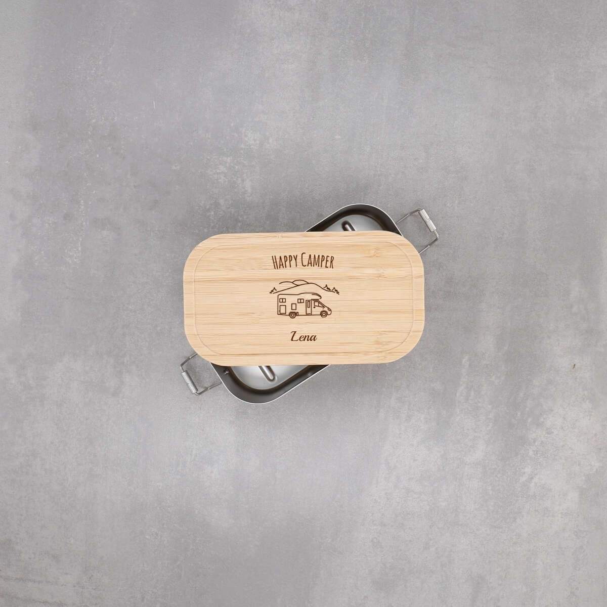 Personalisierte Lunchbox "Wohnmobil" mit Camper-Motiv, aus Edelstahl mit Bambusdeckel – Festes Design (Personalisierbar)
