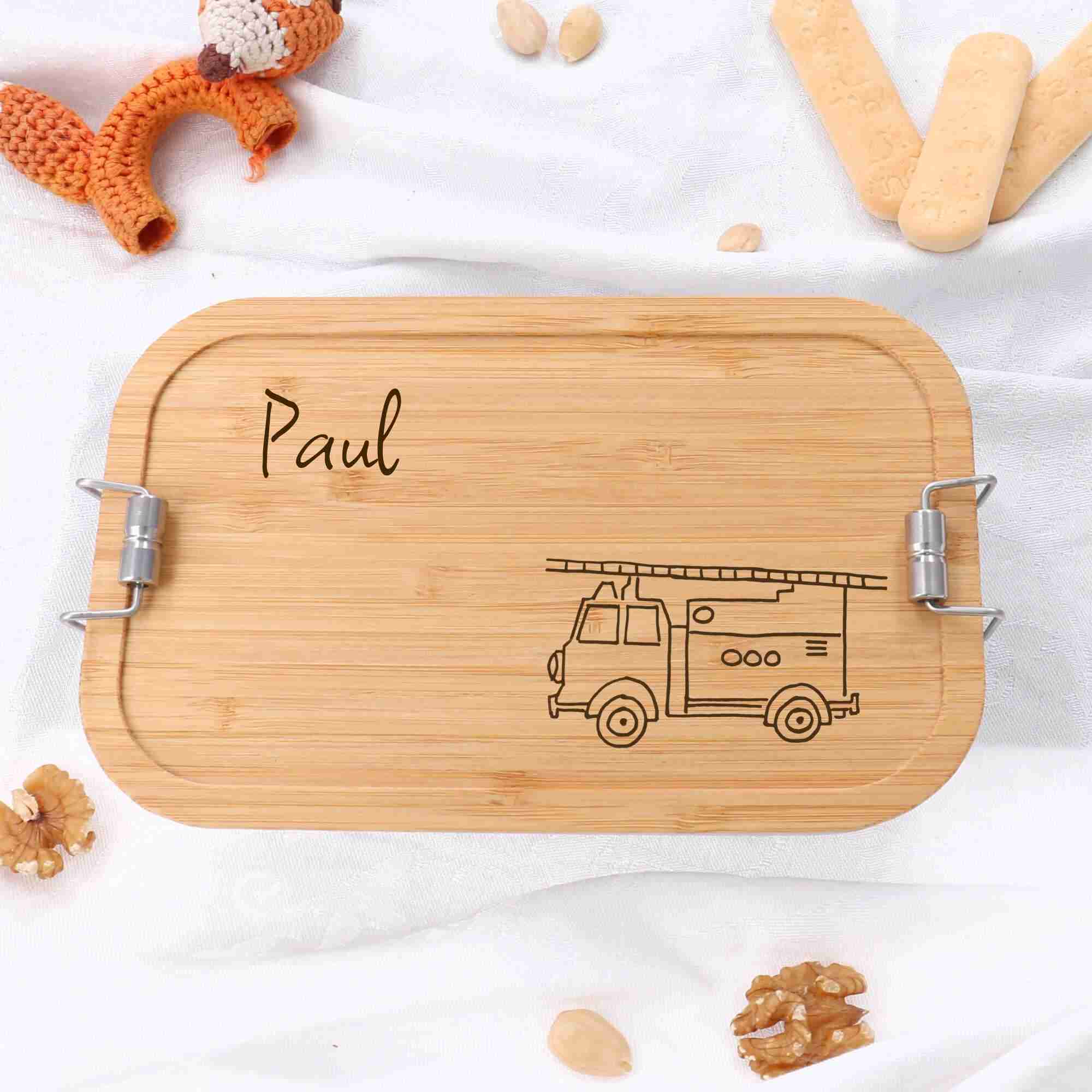 Brotbox Lasergraviert mit Fahrzeug Nachhaltige Edelstahllunchbox mit Bambusdeckel und personalisierter Gravur durch Namen und Feuerwehr-Motiv für Kinder