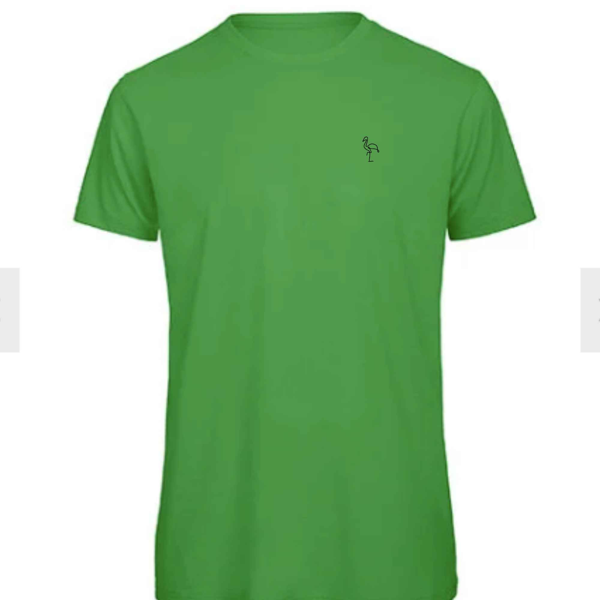 Grünes Flamingo T-Shirt mit einem Stickmotiv auf der Brust für Herren geeignet