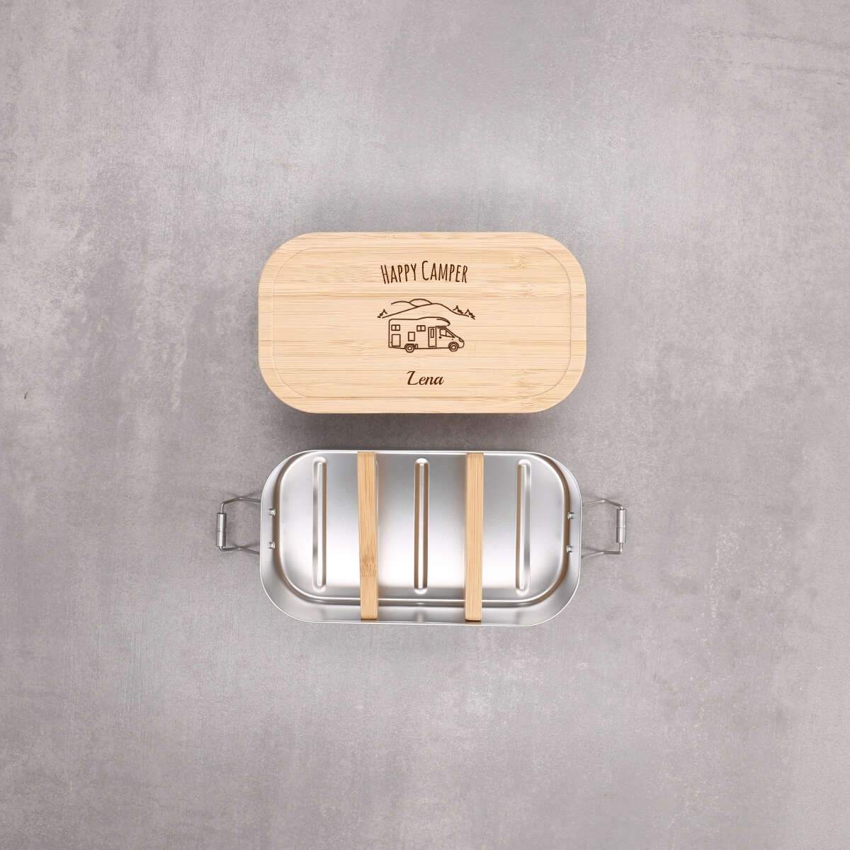 Personalisierte Lunchbox "Wohnmobil" mit Camper-Motiv, aus Edelstahl mit Bambusdeckel – Festes Design (Personalisierbar)