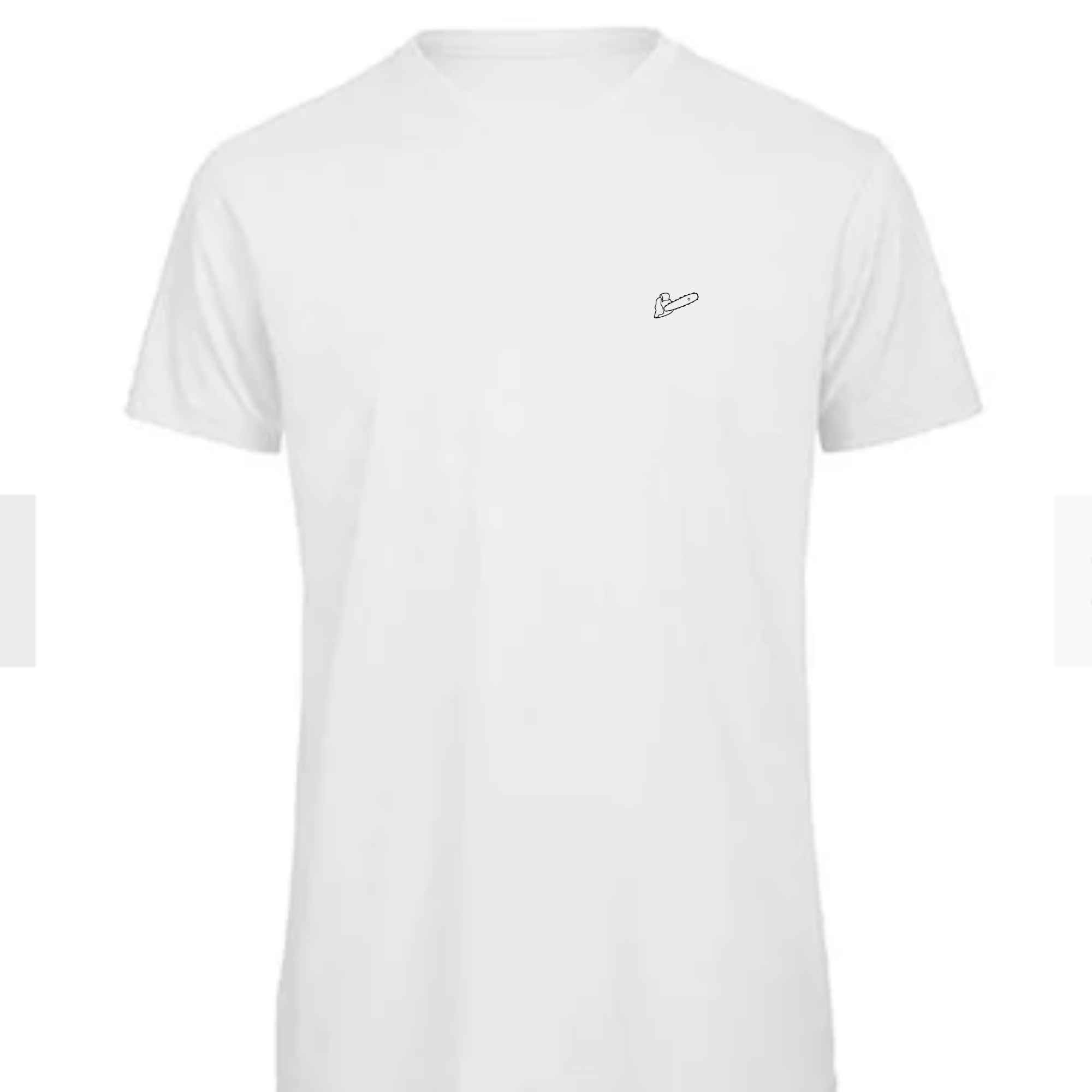 T-Shirt mit zeitlosem Weiß und Motorsägenmotiv auf der Brust als Stick