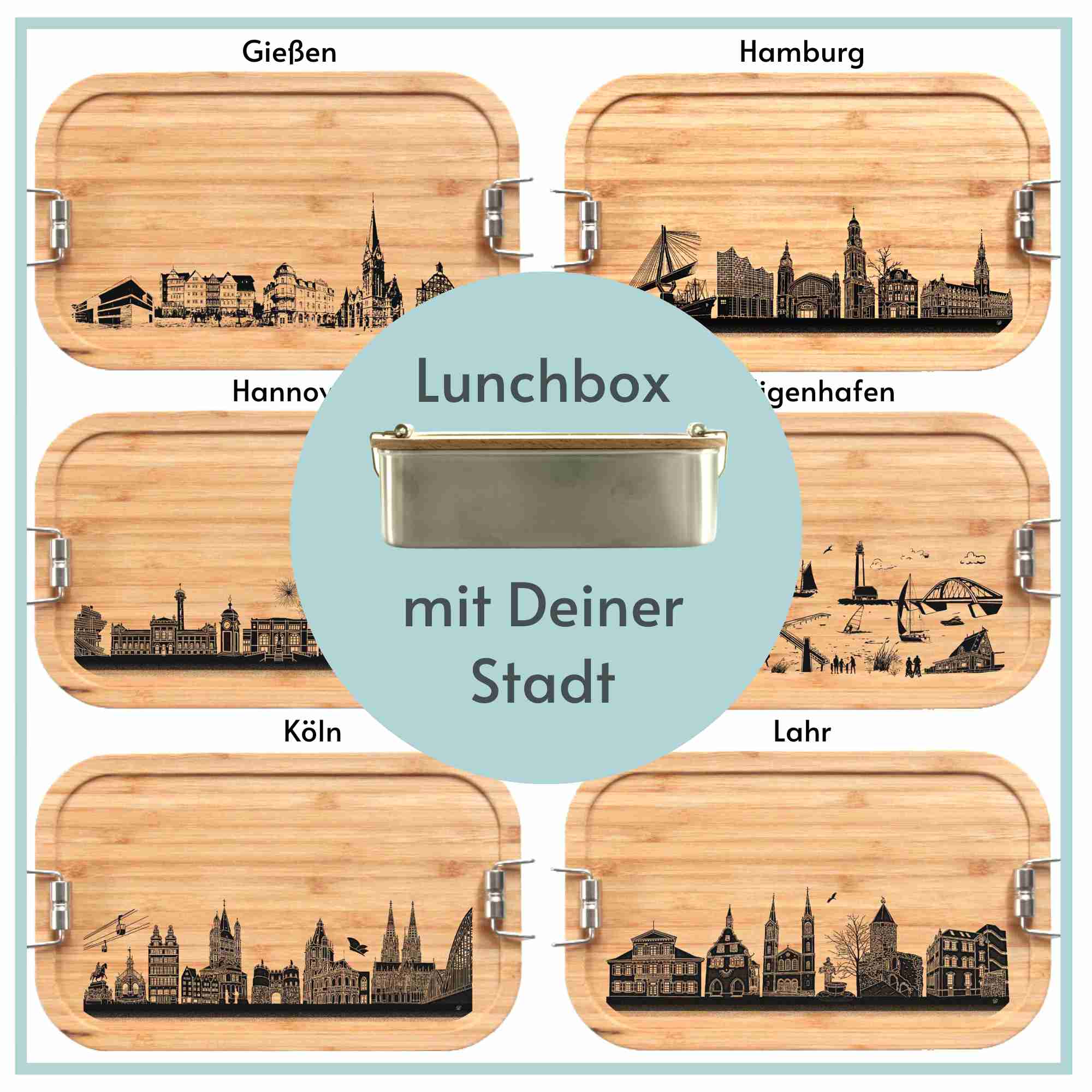 XL Lunchbox - Deine Stadt auf einer Brotdose aus Edelstahl und Holz