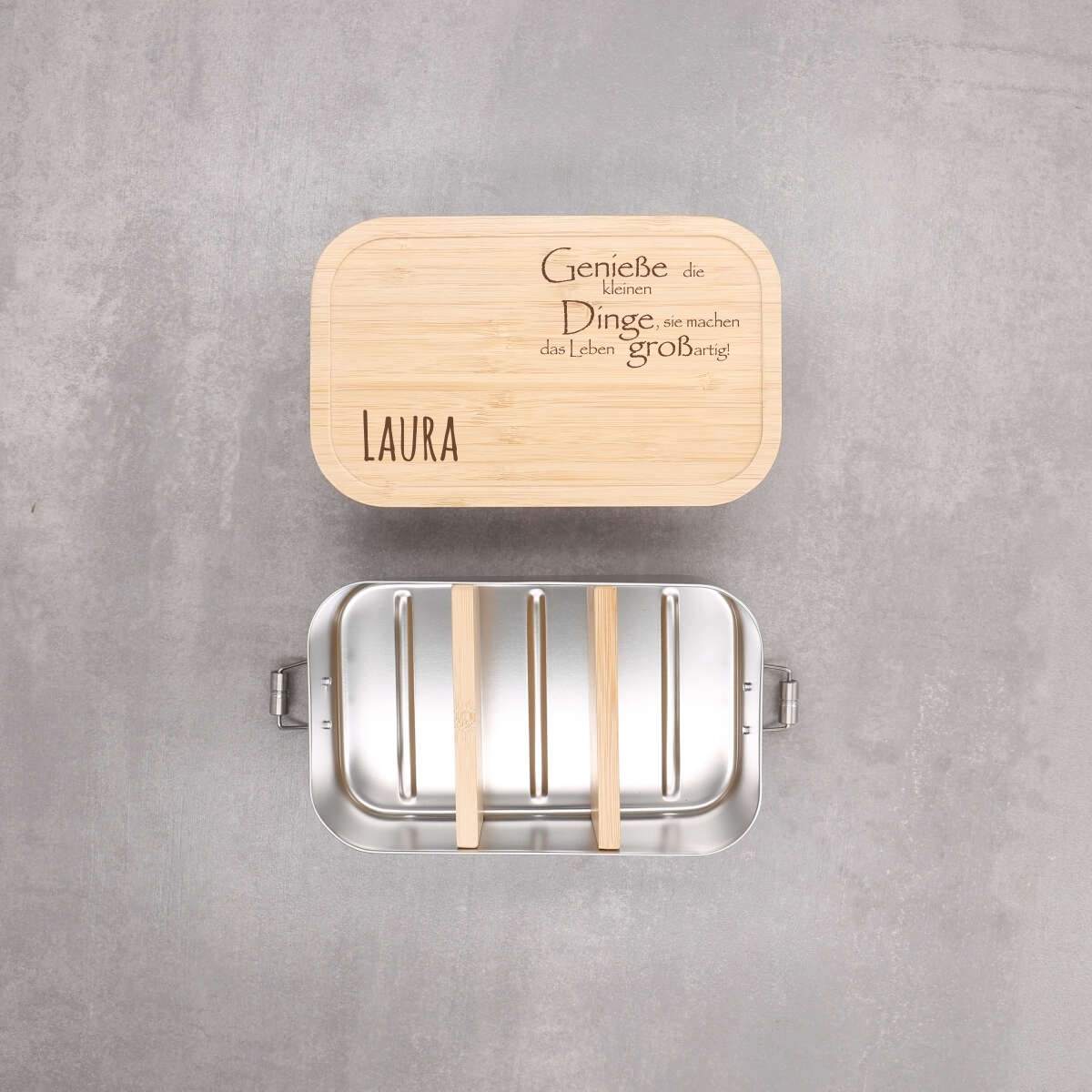 Lunchbox Edelstahl mit Holzdeckel mit Spruch und Namen