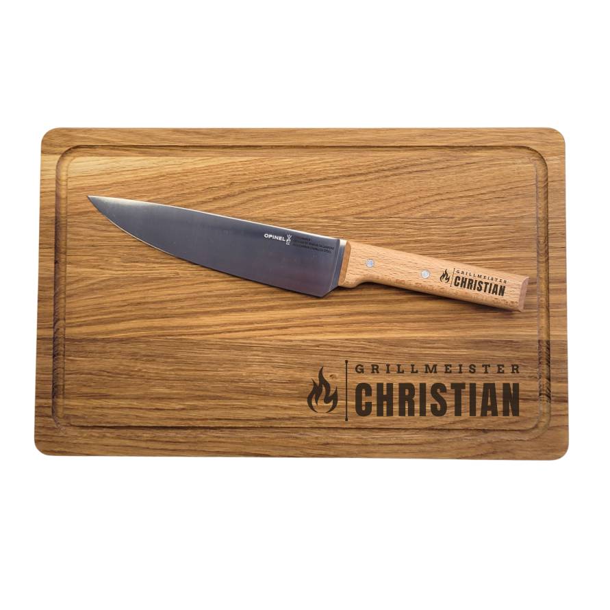 Geschenke-Set zum Grillen | Personalisiertes Eichenbrett & Opinel Küchenmesser