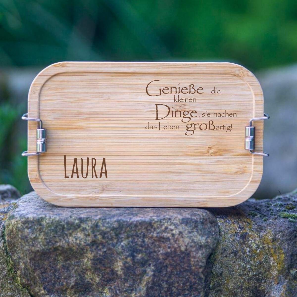 Lunchbox Edelstahl mit Holzdeckel mit Spruch und Namen