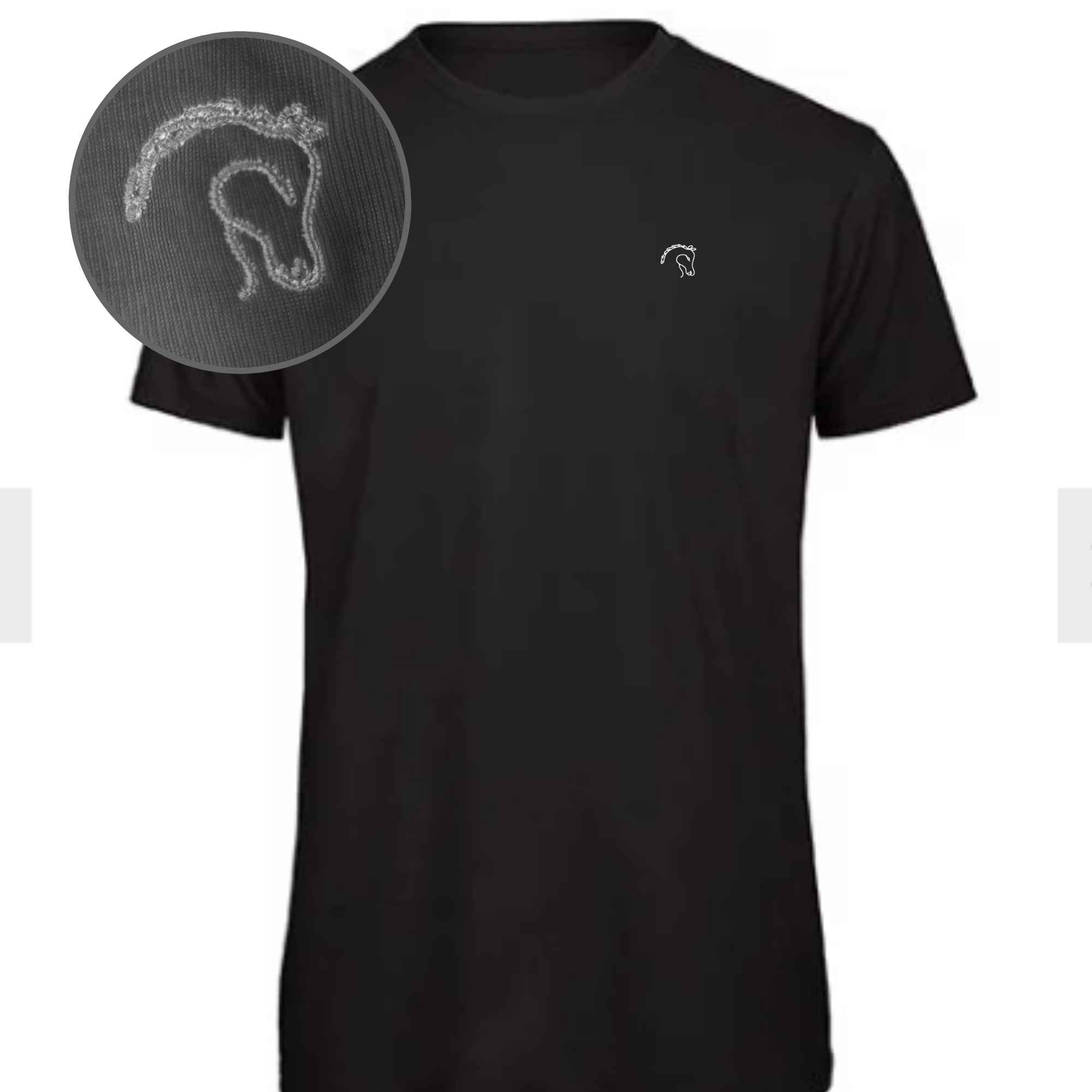 Besticktes T-Shirt schwarz mit hochwertigem Pferdekopf-Stick als Motiv  auf der Brust 