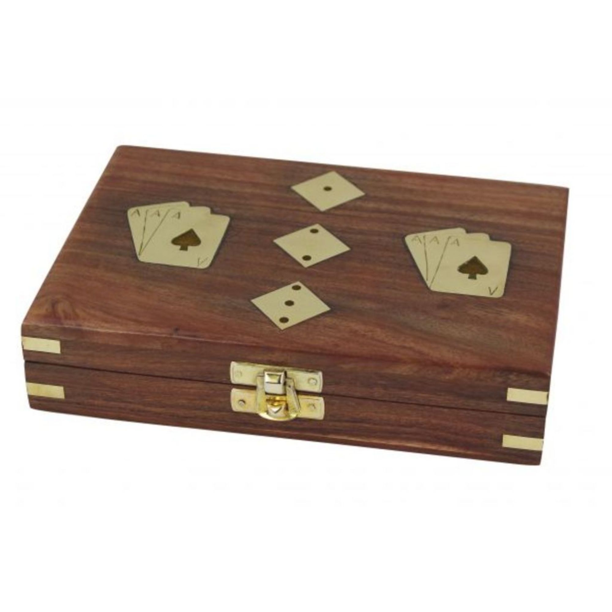Würfel und Spielkarten in Holzbox