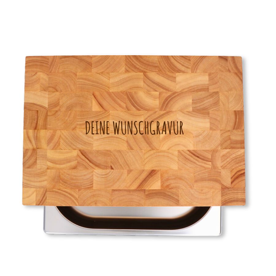 Stirnholz Küchenbrett mit Schublade und Gravur Stirnholz Küchenbrett mit Schublade und Gravur