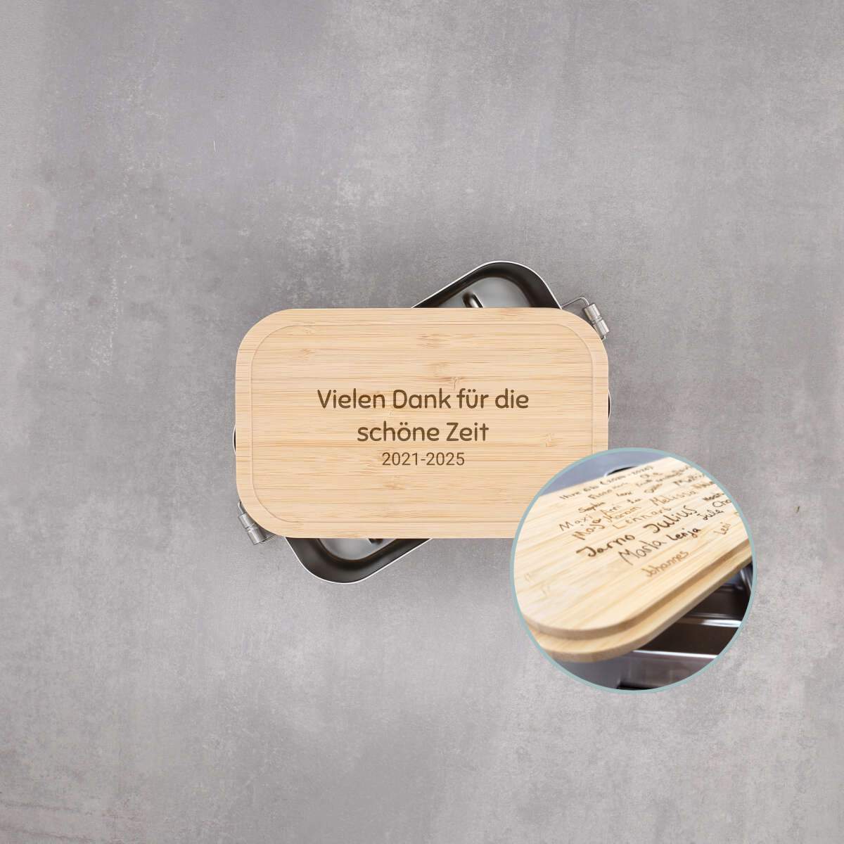 Brotdose mit Unterschriften als Sammelgeschenk zum Abschied