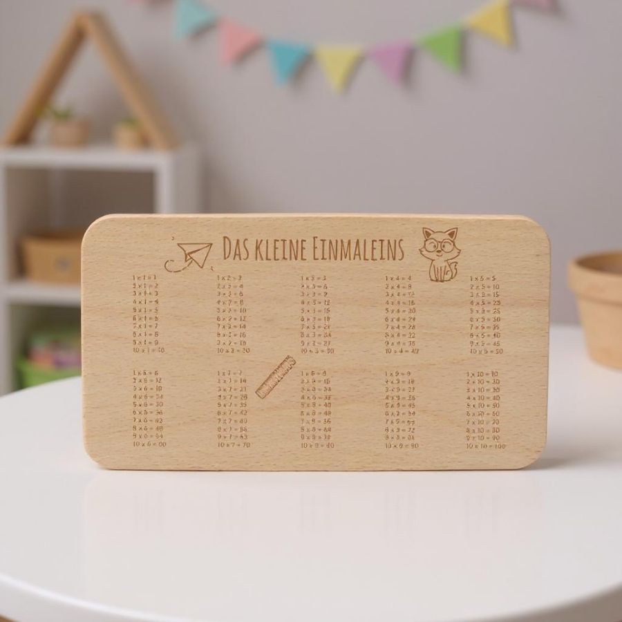 Frühstücksbrettchen Buche mit Gravur – Kleines 1x1 – Geschenk zum Schulanfang – 22,5 x 12,5 cm Text