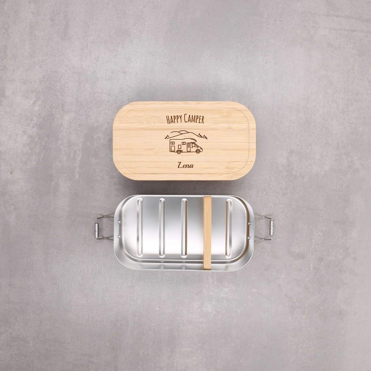 Personalisierte Lunchbox "Wohnmobil" mit Camper-Motiv, aus Edelstahl mit Bambusdeckel – Festes Design (Personalisierbar)